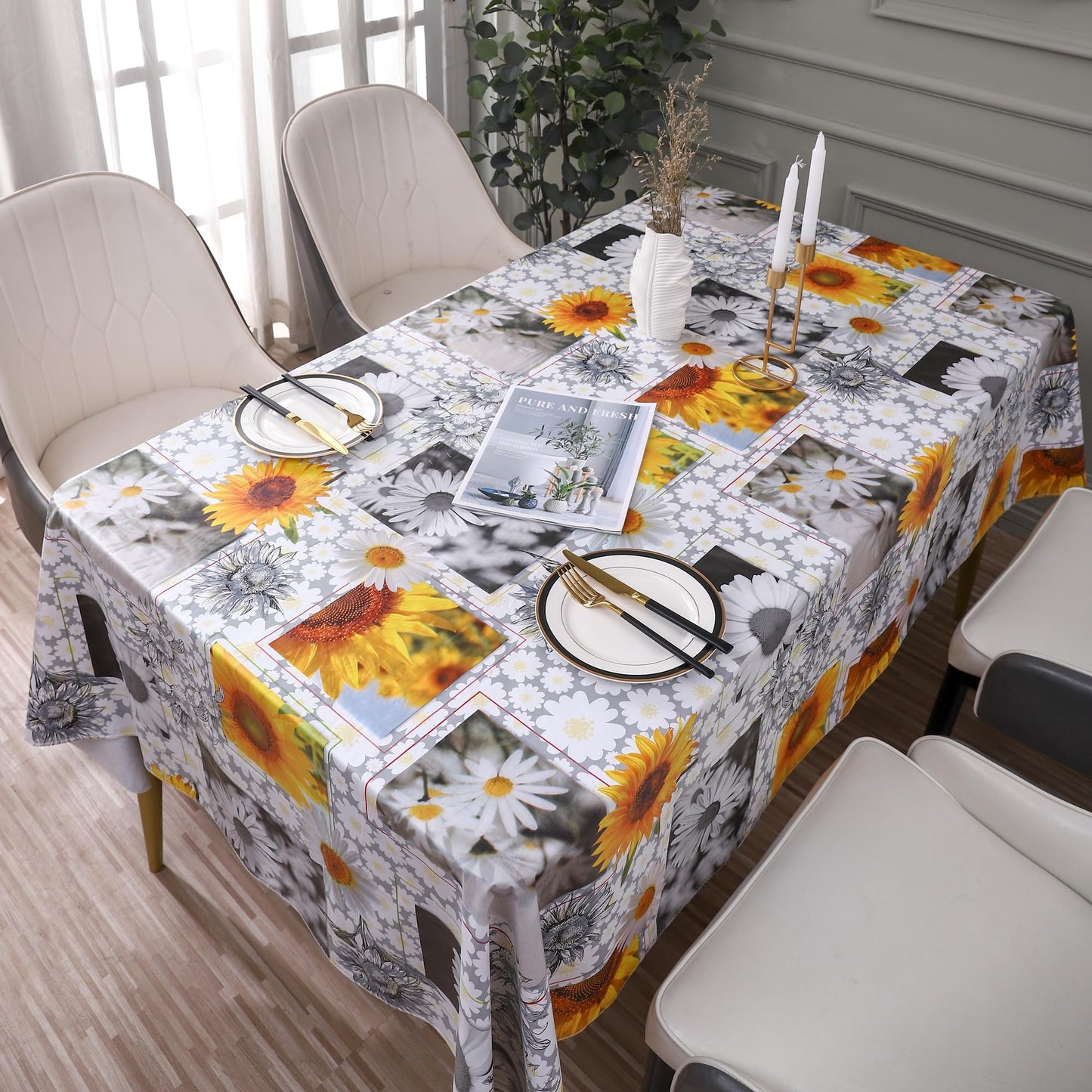 Heavy Duty Vinyl Tablecloth with Flannel Backing Waterproof Oil-Proof Plastic Table Cloth Stain-Resistant Wipeable Rectangle or Square Table Cover for Indoor and Outdoor ( Sunflower, 54X54 Inch)
