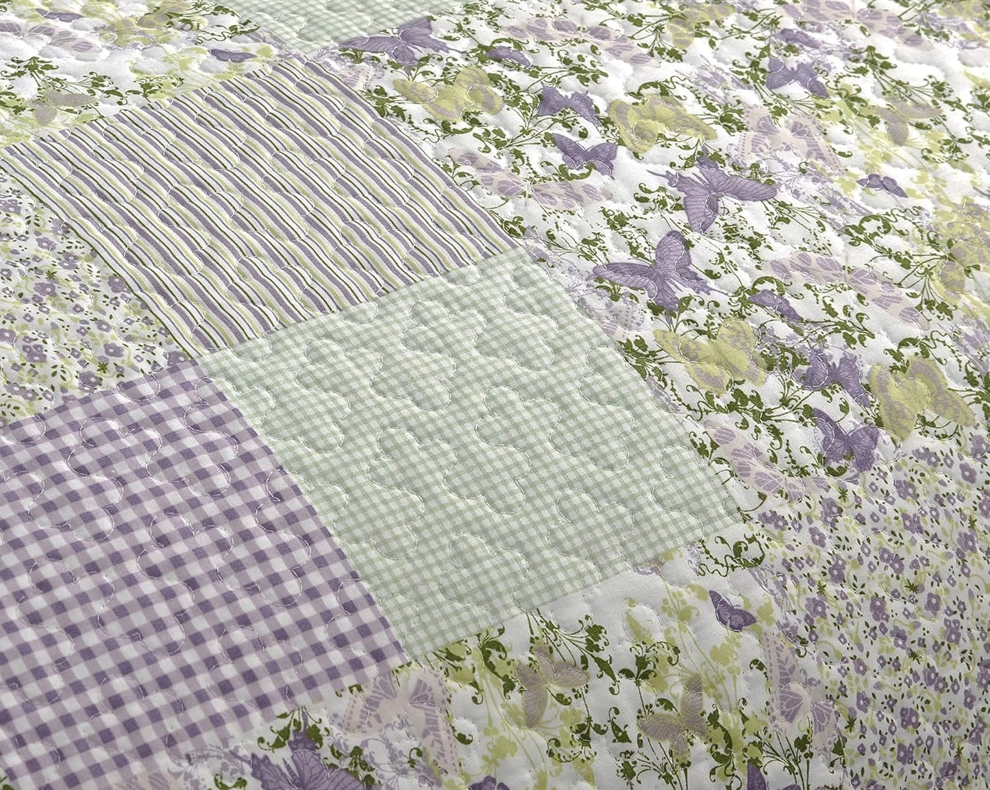 Chezmoi Collection Daisy 3-Piece Printed Patchwork Quilt Set - Purple Butterfly Botanical Candy Stripe Checkered Coverlet - Pre-Washed Microfiber Lightweight Reversible Bedspread, Full Size