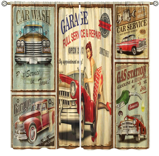 Yearn Jear Retro Car Curtains Vintage Garage Girl 1960S Mechanic Classic Signboard Printed Window Drapes for Bedroom Living Room W42xL45in Decor