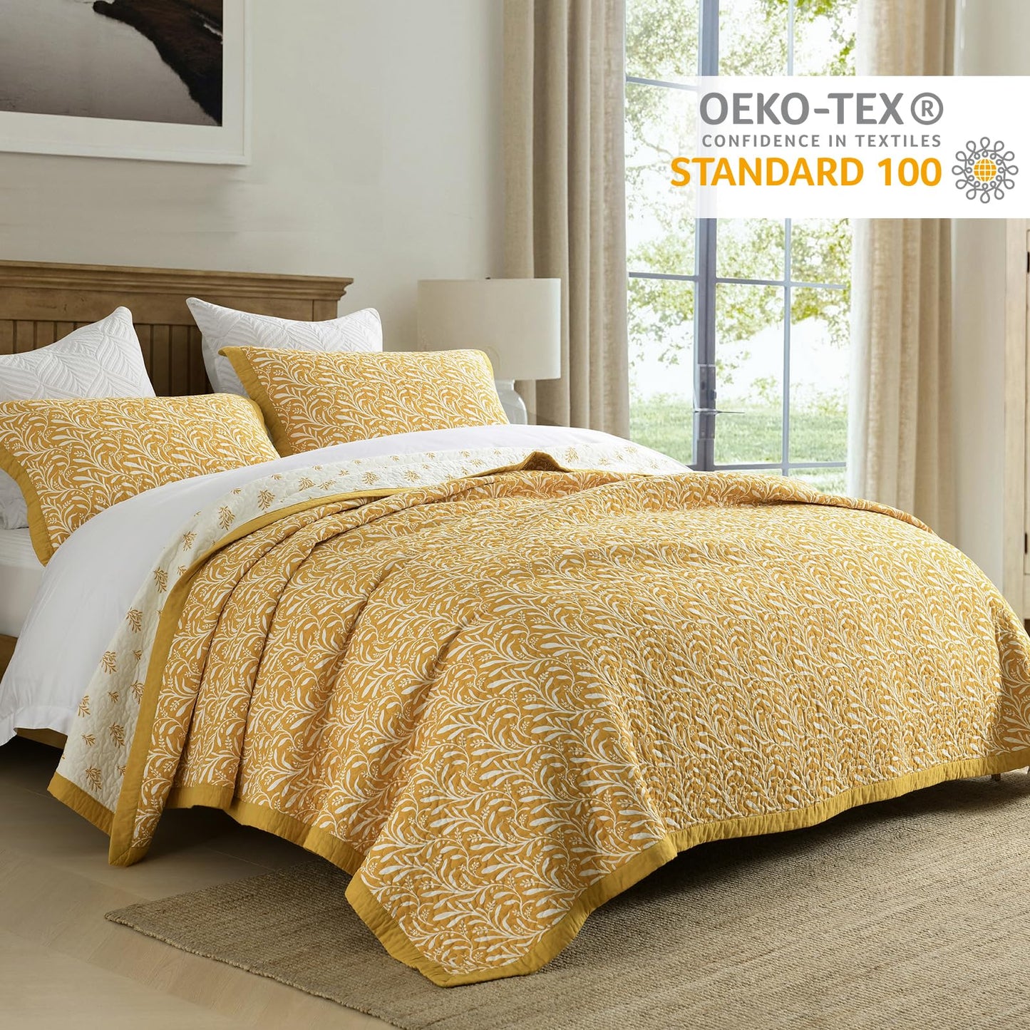 Finlonte Cotton Quilts Queen Size - 100% Cotton Queen Comforter Set, Botanical Quilt Bedding Set, Lightweight Reversible Soft Quilted Bedspread for Queen Bed, Gold/White, All Season, 3 Pcs