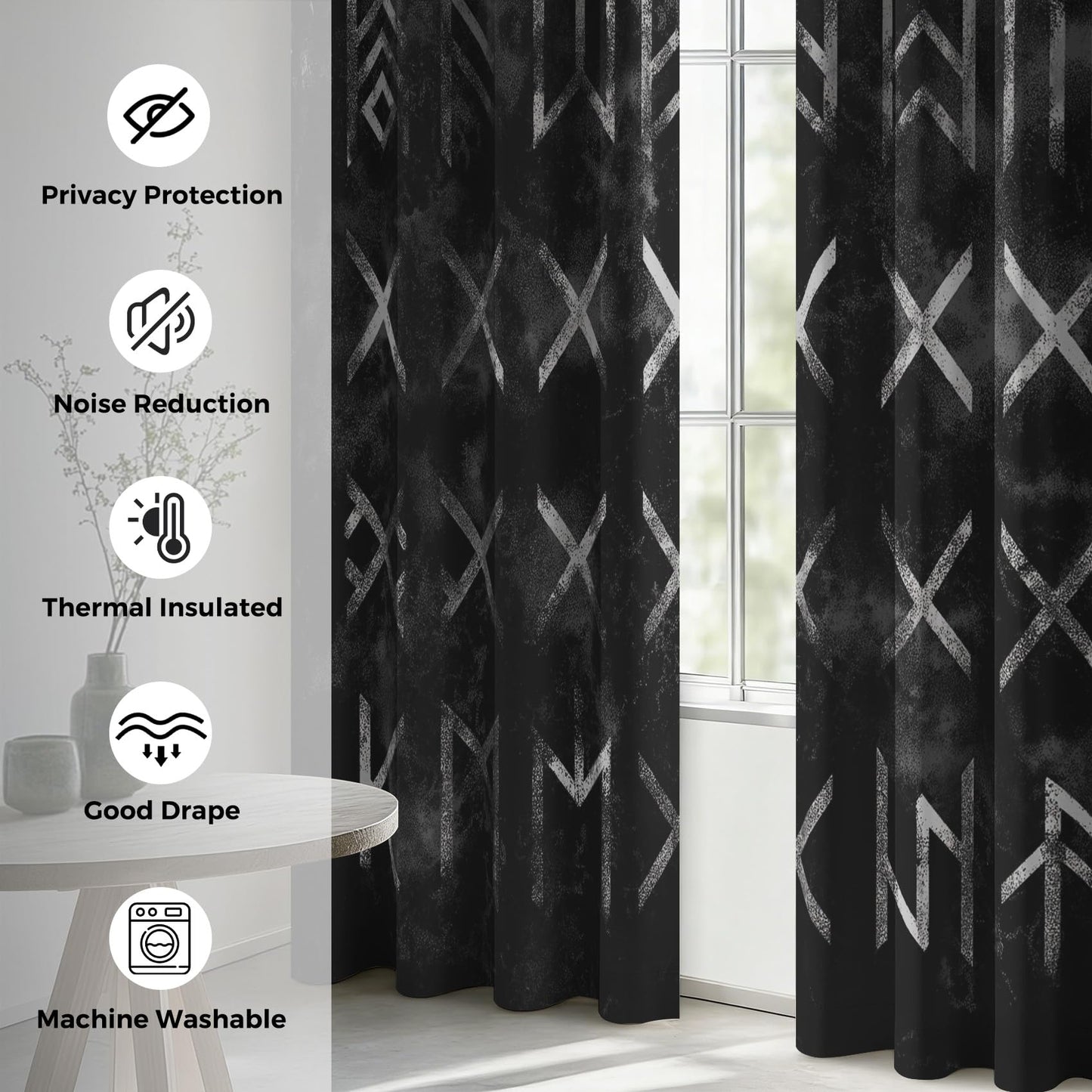 95% Blackout Viking Curtains - Norse Mythology Curtains for Bedroom Living Room Decor, Rune Home Decor, Thermal Grommet Black Out Drapes 84 Inches Long 2 Panel Set X62