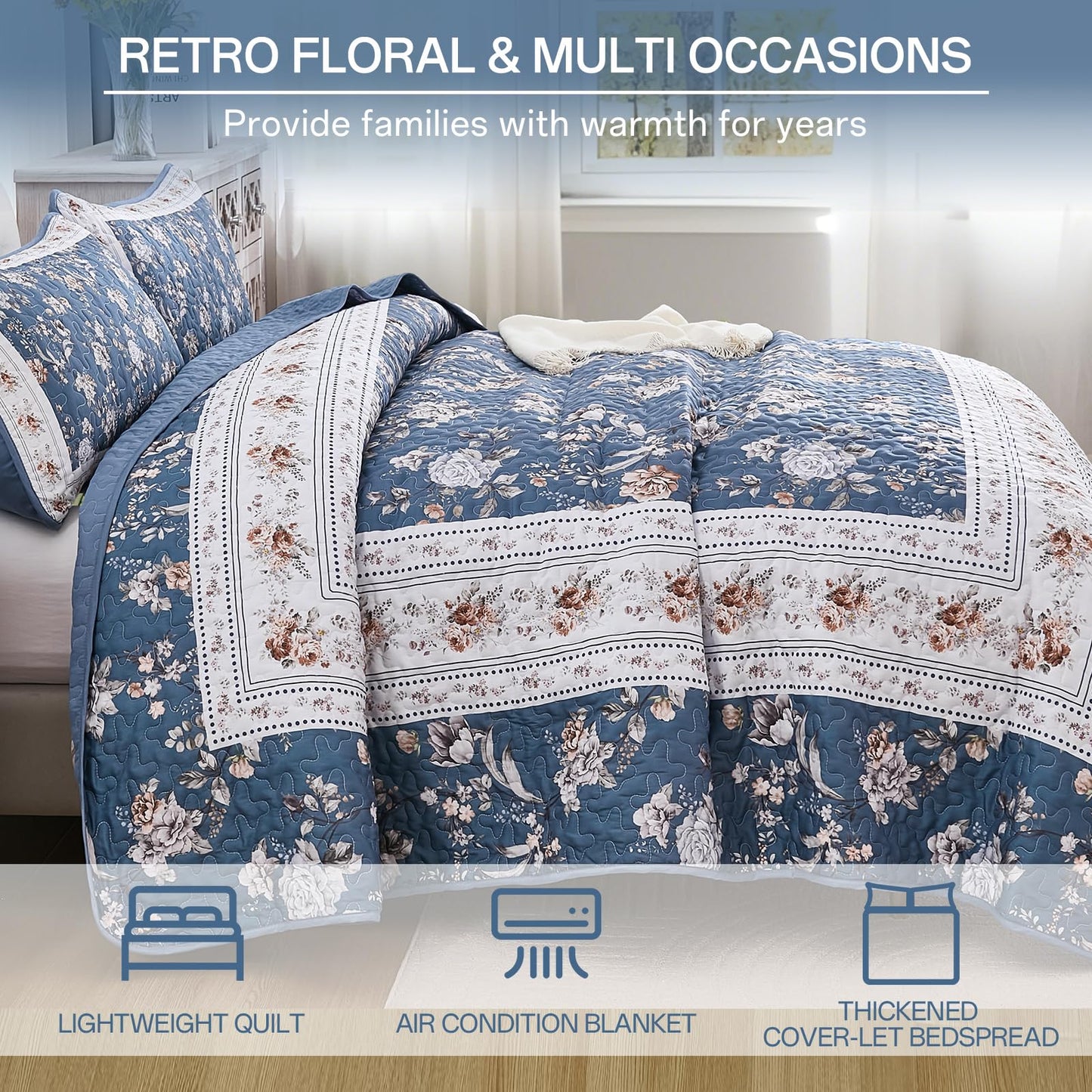 Xruibed Navy Quilt Set Queen Size, 3PCs Antique Rose Navy Quilt Coverlet Set, Lightweight Soft Microfiber Floral Bedspread with 2 Pillowcases for All Season (Queen Size 96"x90")