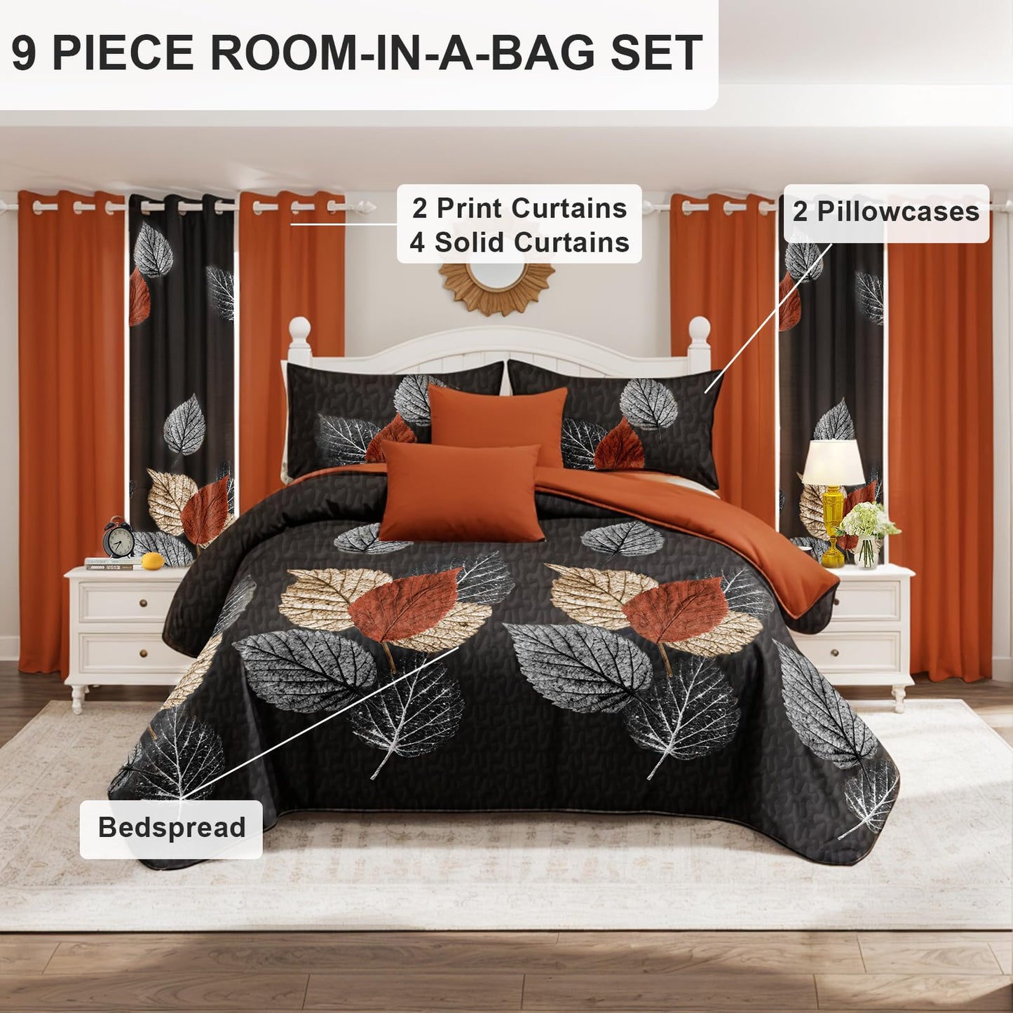 Elegance 9-Piece Leaves King Light Comforter Set, Luxury Bed in a Bag King Bedspread with Matching Curtains Ultra Soft & Breathable Black Brown Floral Bedding, All-Season Decor for Master Suite