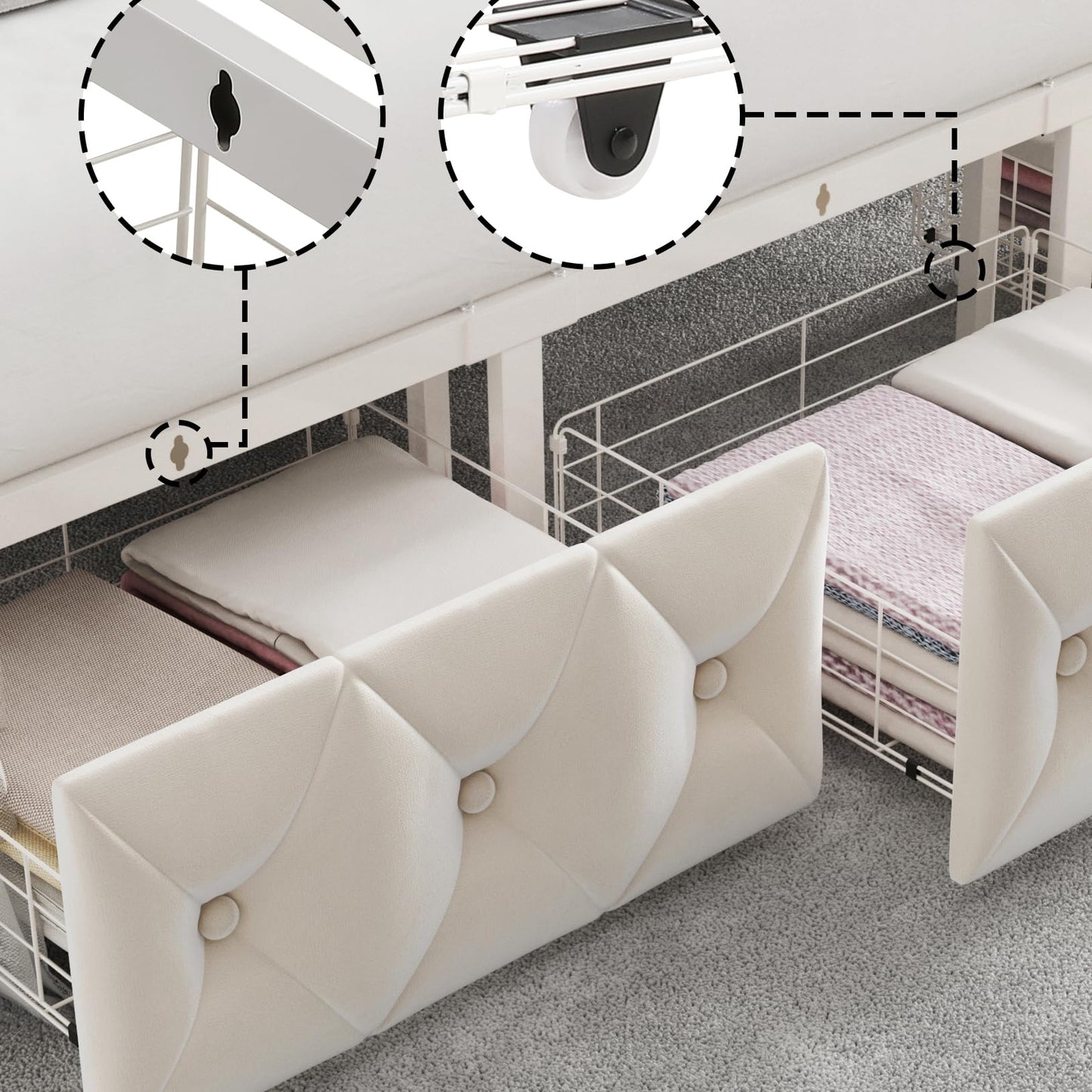 Keyluv Full Upholstered Canopy Bed Frame with 2 Storage Drawers & Button Tufted Headboard, Metal Platform Bed with 4 Removable Posts, Two-Purpose Velvet Bed, Beige/Curtain Not Included