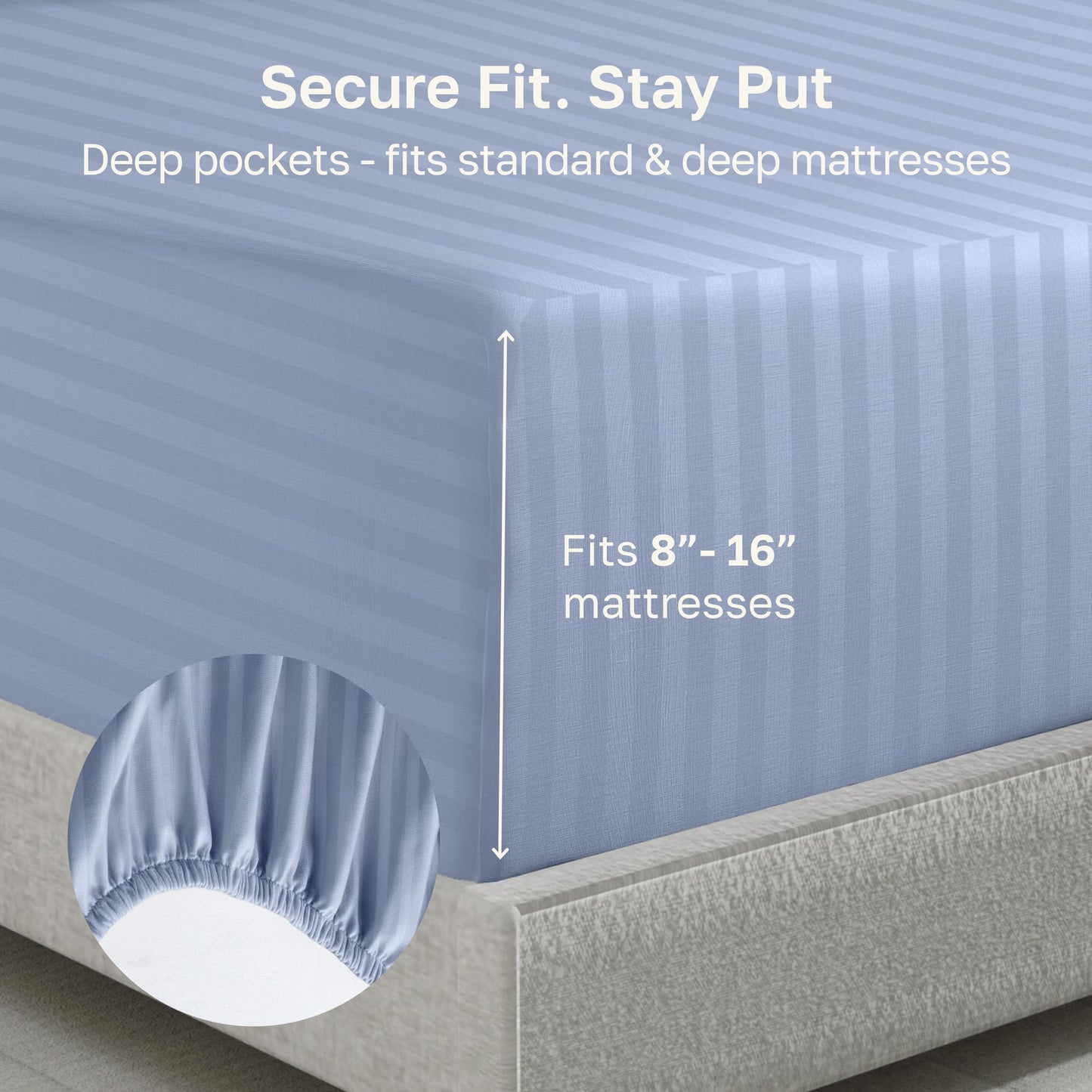 California Design Den Cotton Sateen Damask Stripe Fitted Queen Sheet Only - Soft 100% Cotton Sateen, Deep Pocket Bottom Fitted Sheet - Light Blue