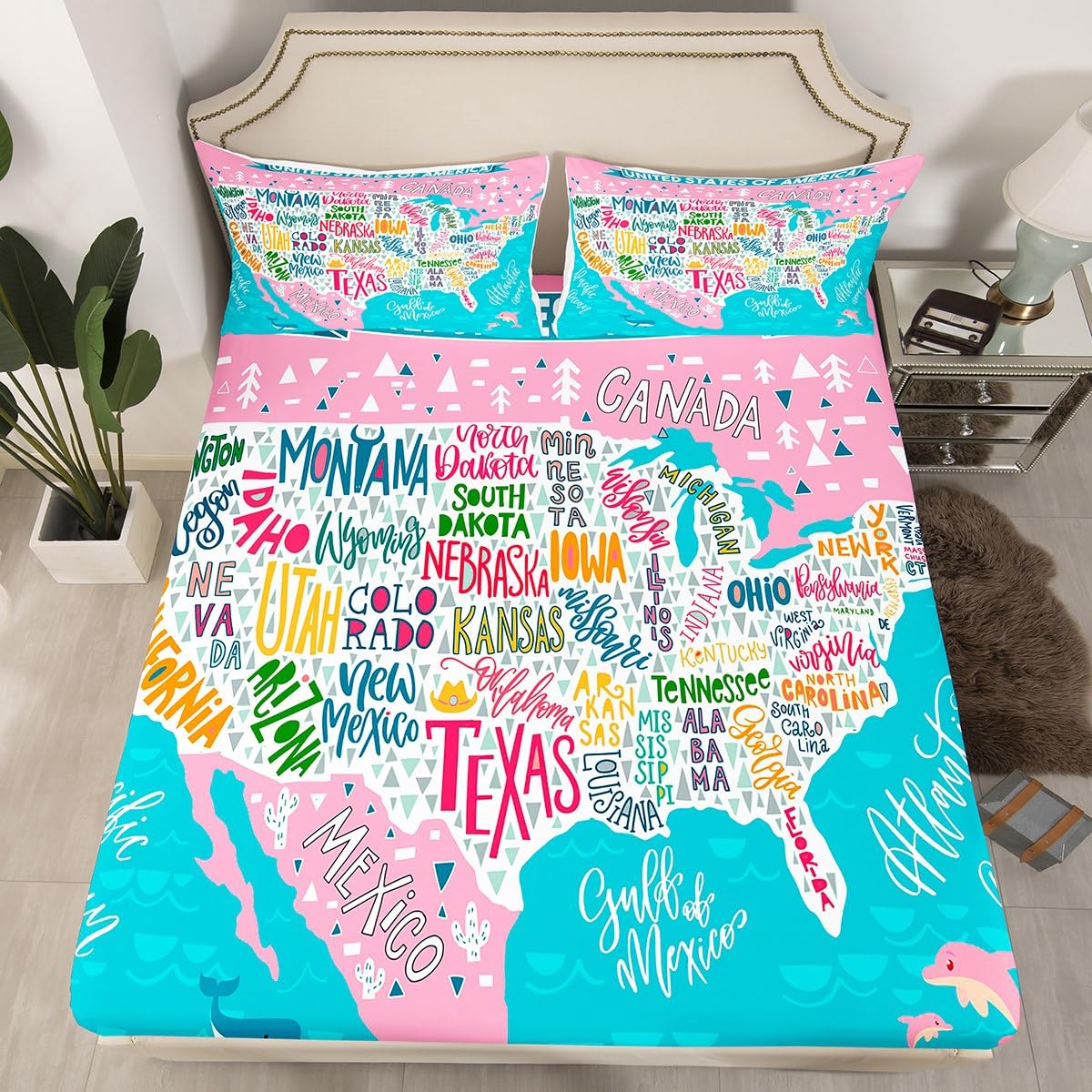 Blue Pink USA Map Fitted Sheet Twin, Geography Bed Cover Lightweight Bed Set