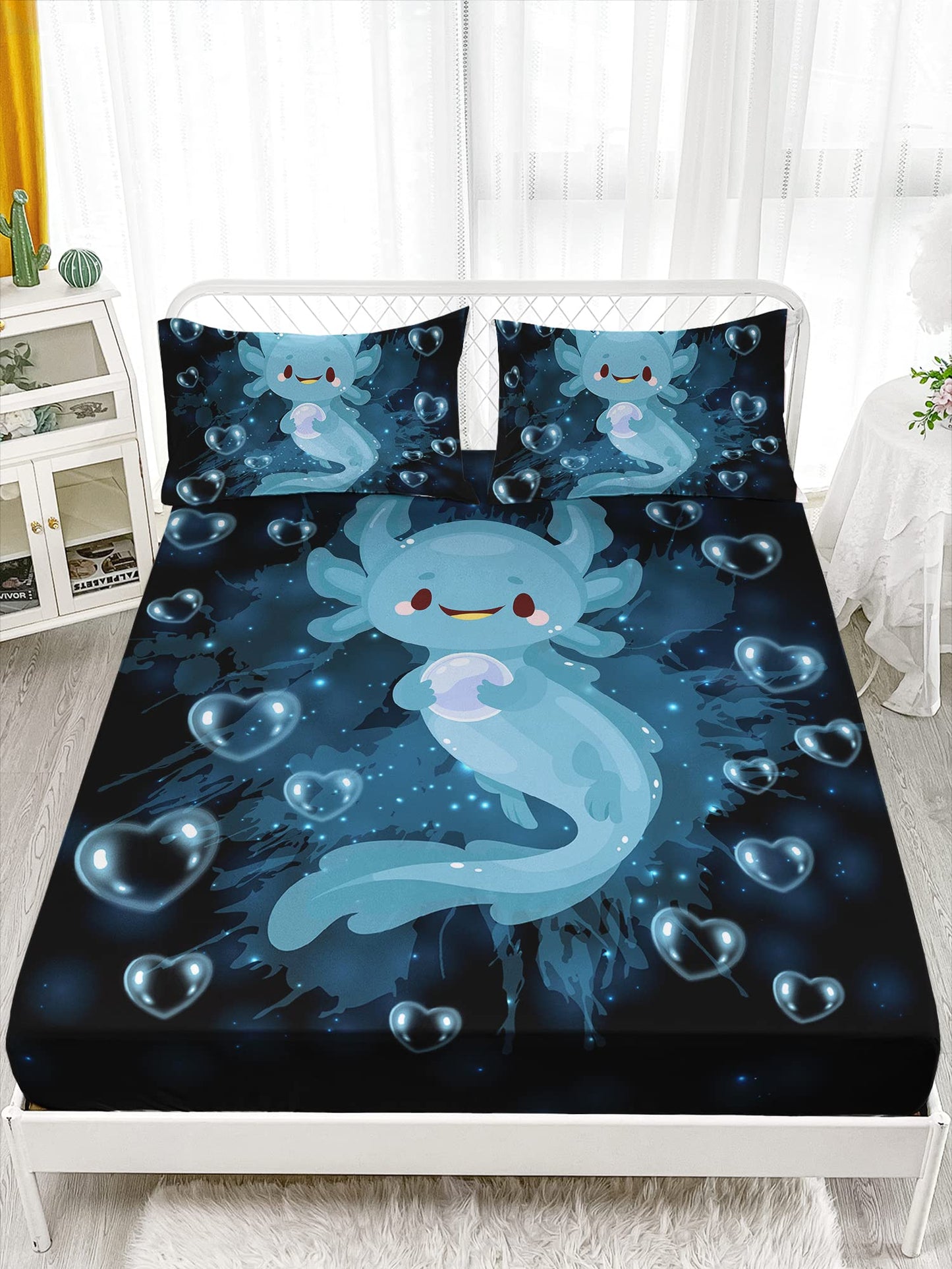 HOSIMA Axolotl Bedding Set Blue Axolotl Pattern Kawaii Fitted Sheet Set Twin Size for Kids Bedroom Decor,1 Fitted Sheet+2 Pillowcases.