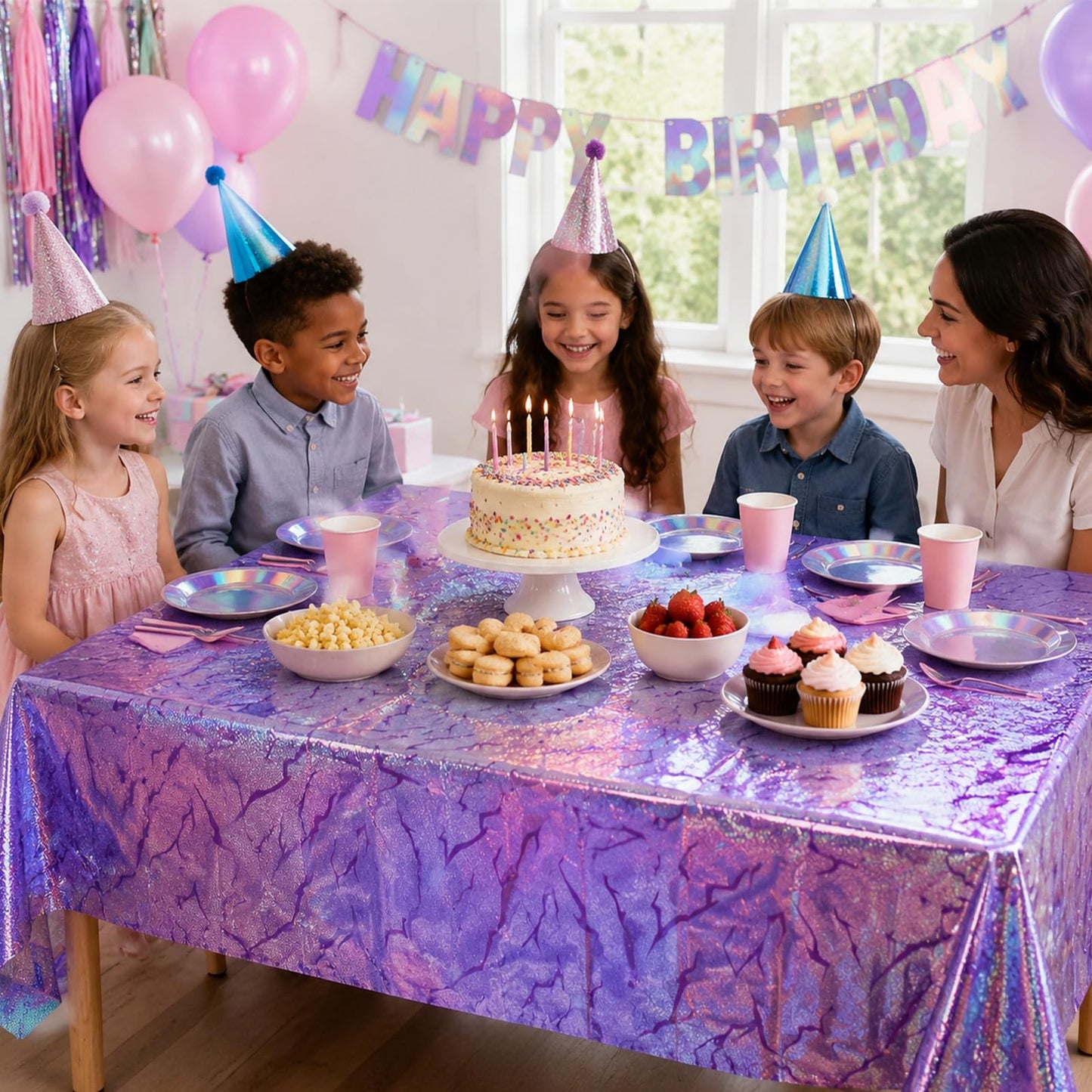 2 Pack K-Style Purple Birthday Decorations, 54x108 Inch Iridescent Holographic Laser Tablecloth Purple Lightning Pattern Disposable Waterproof Plastic Table Covers for Kids Girl Disco Halloween Party