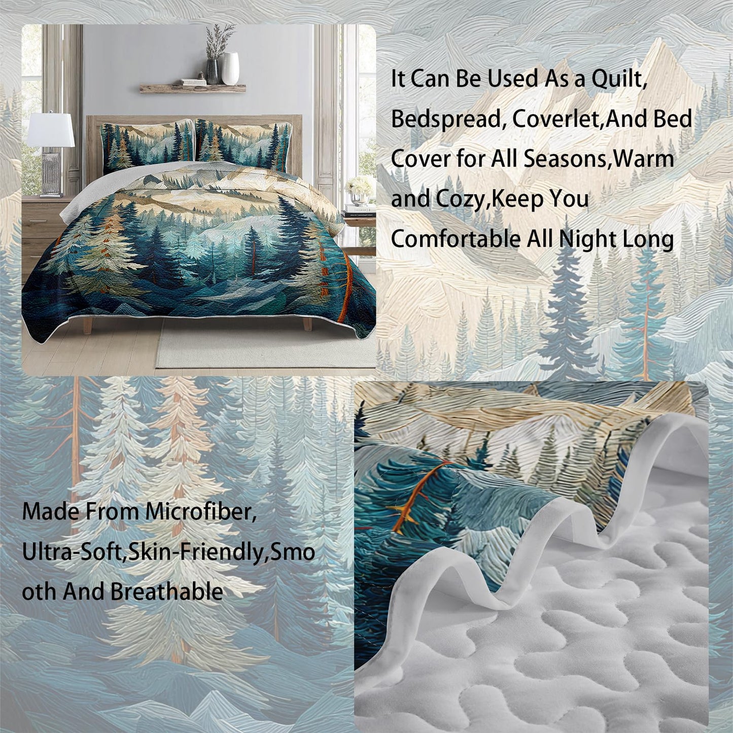 AILONEN Queen Bedspread Coverlet,Mountain Forest Pine Tree Textured Landscape Blue Green Bedding Quilt,2 Pillowcases,Lightweight Microfiber