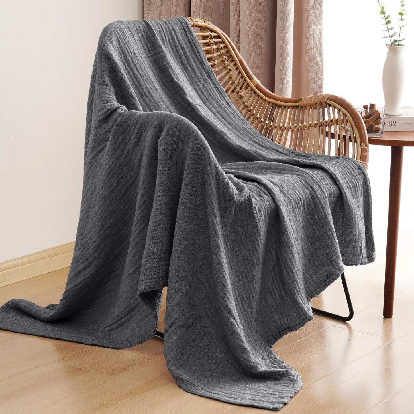 PHF 100% Cotton Muslin Throw Blanket 50" x 60", 4-Layer Lightweight Gauze Throw, Breathable Cloud-Soft Minimalist Blanket for Bed, Couch, Camping & Baby, Greyish Black, Ideal Gift