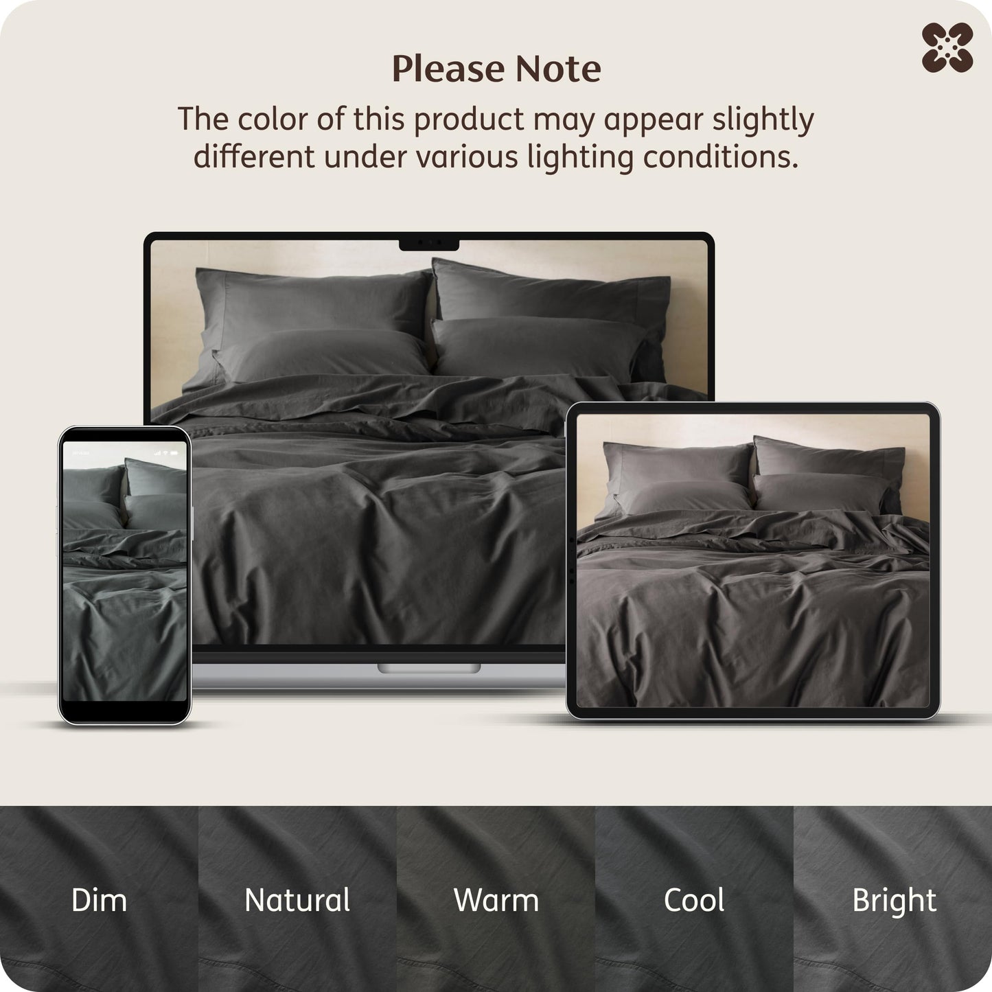 Bedsure 100% Organic Cotton Queen Duvet Cover Set, Charcoal Grey, 90" x 90"