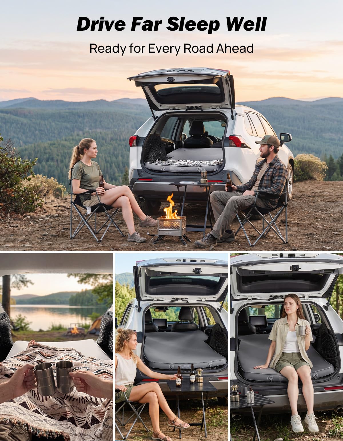 JOYTUTUS Foam & Air Camping Mattress for SUV - 4" Thickened Self-Inflating Car Bed, Wear-Resistant, Portable Sleeping Pad Fits Most Mid-to-Full Size SUV Trunks & Rear Seats, Gray