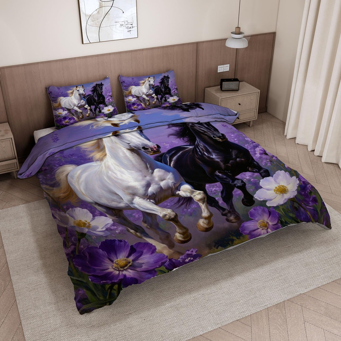 3D Horse Duvet Cover King Size 104x90in Soft Breathable Microfiber Flower Bedding Set Zipper Closure Reversible Comforter Cover 3 Pieces with 2 Pillow Shams (WJT 23-6)
