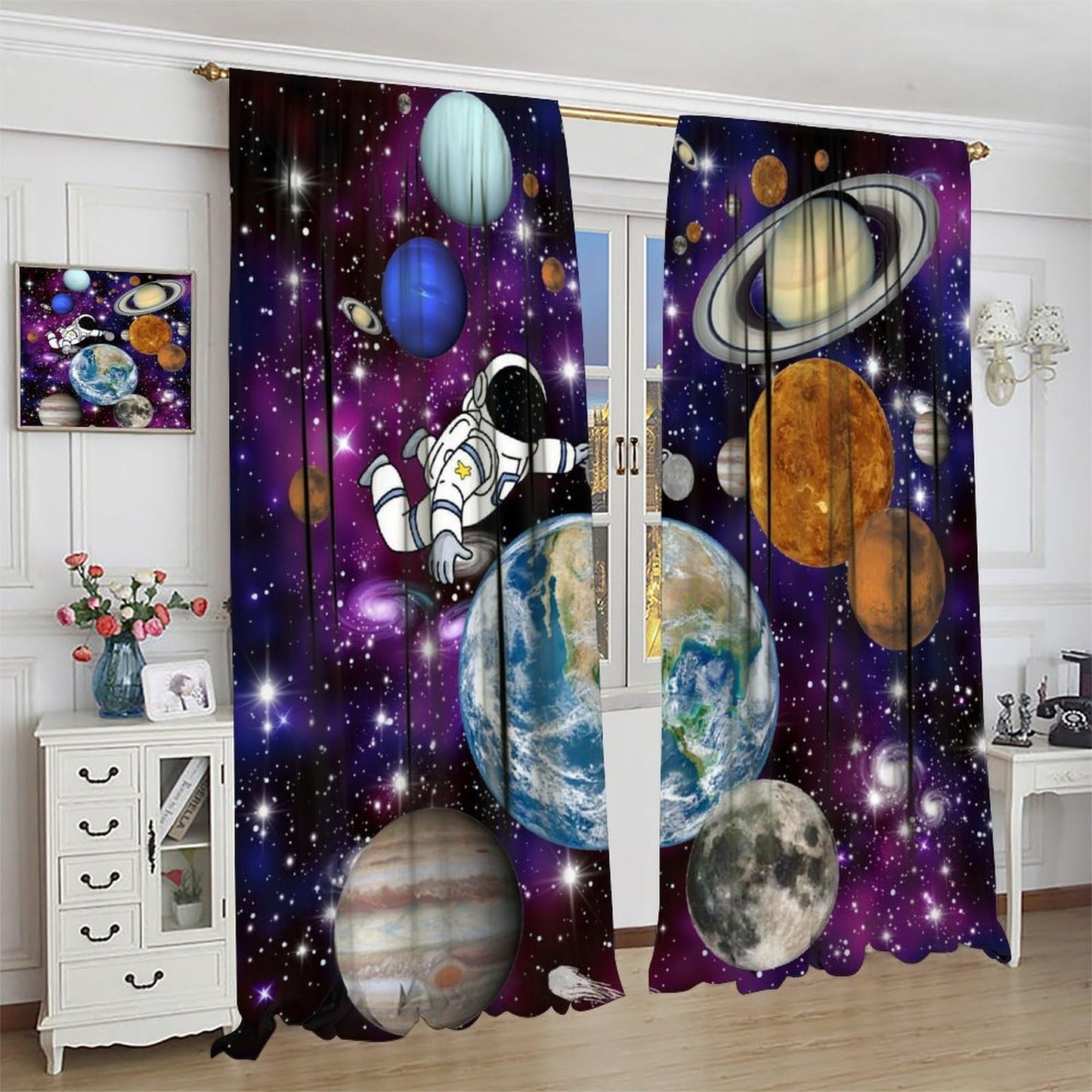 AAVEUP Astronaut Galaxy Blackout Curtains,Cartoon Solar System Universe Outer Space Planet Astronaut Earth Windows Treatments Rod Pocket Drapes for Kids Boys Teenage Living Room Bedroom 63x72inch