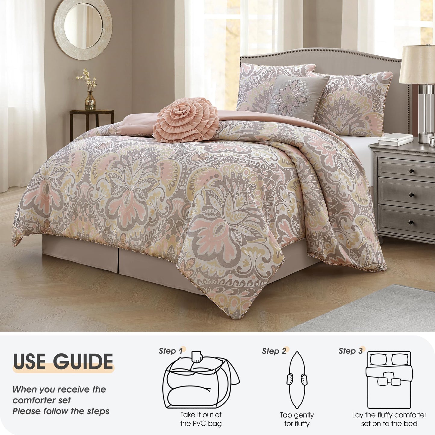 LANCO MODERN LIFESTYLE Blush 6 Piece Comforter Set, King, Elegant Floral Jacquard, Ultra Soft Bed Set for All Seasons, Bed in a Bag, Include Comforter, Bed Skirt, Pillow Shams & Decor Pillows