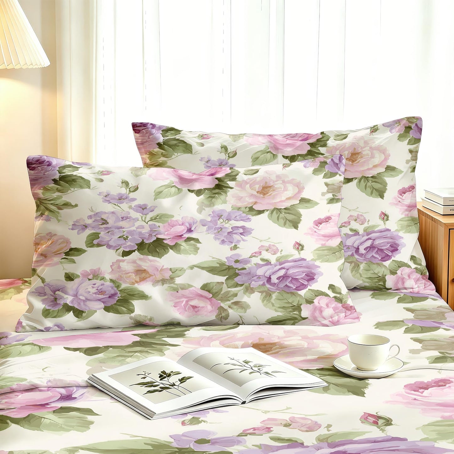 Purple Peony King Sheet Set 4 Pcs Watercolor Flowers Bed Sheets