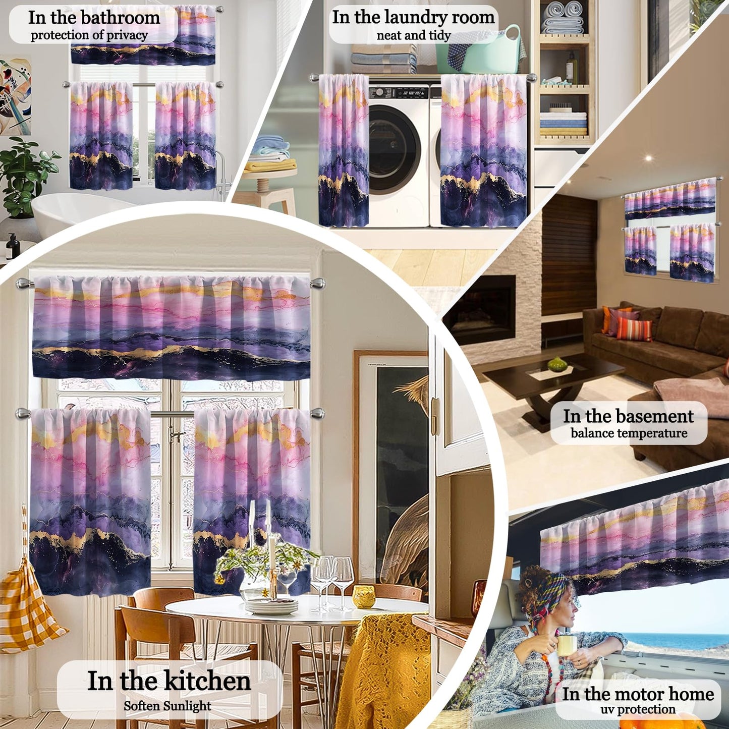 KINUUIS Pink Gold Marble Blackout Kitchen Window Tier Curtains and Valance Set, 52 x 36 Inch Abstract Art Window Curtains Set with Rod Pocket for Small Windows, Living Room,Bathroom