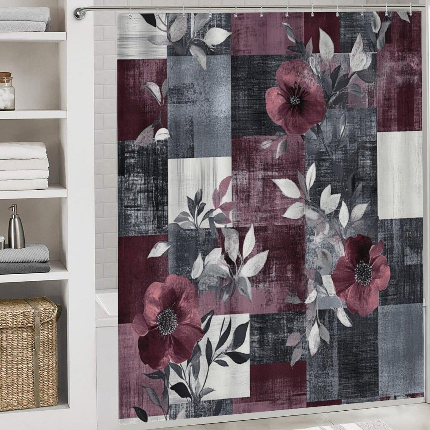 DIPQIMI 4Pcs Retro Flower Plant Shower Curtain Sets with Rugs, Toilet Lid Cover and Bath Mat, Red Grey Patchwork Bathroom Shower Curtains Set with 12 Hooks