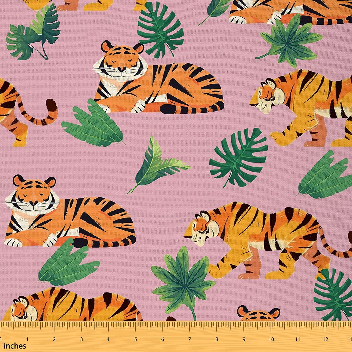 Cute Tiger Fabric by The Yard Watercolor Tropical Green Palm Leaves No Stretch Sewing Fabric Cartoon Wild Jungle Animals Soft Flannel Polyester Fabric for Home DIY Projects 1 Yard Pre-Cut,36"x59"
