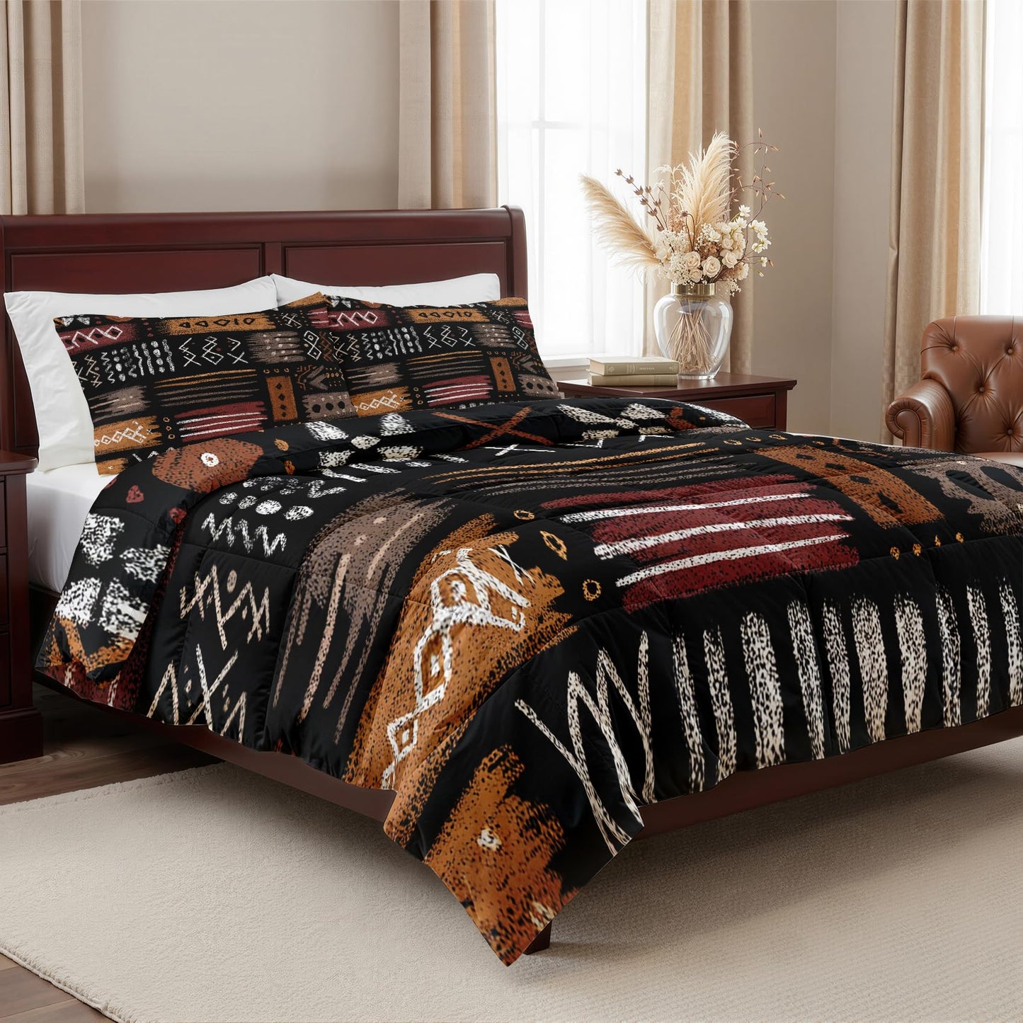 Mud Cloth Comforter Queen Size - 3 Pcs Bed Set, All Season Comforter & 2 Pillowcases, Abstract Tribal Bedding Set, Soft Lightweight Down Alternative Duvet Insert, Boho Ethnic Bedroom Decor