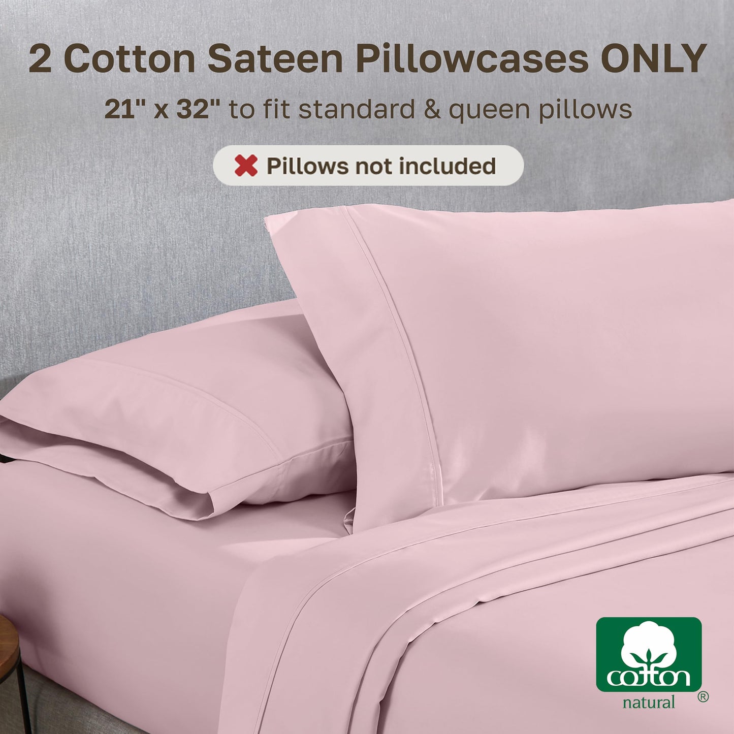 California Design Den Standard Queen Size Pillowcase Set - 400 Thread Count, 100% Cotton Sateen, Set of 2 Pillow Covers, Soft and Breathable - Pink