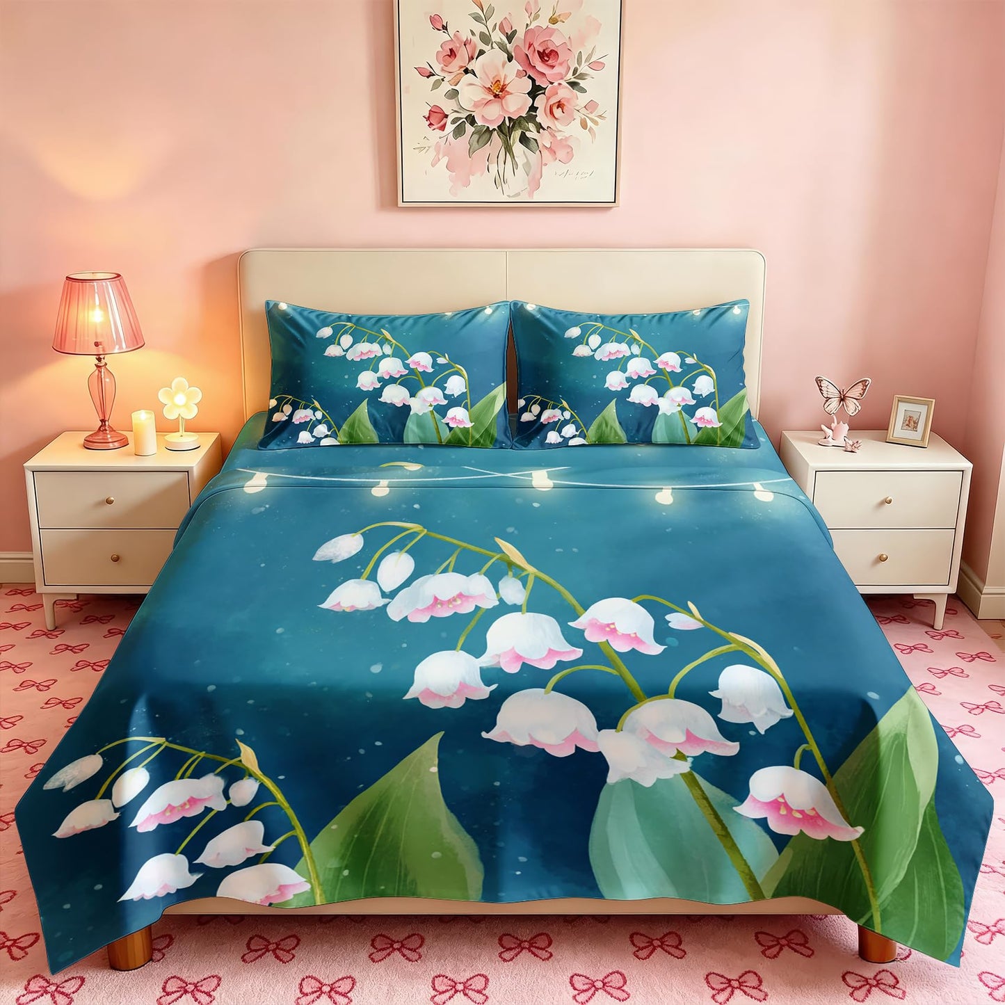 Lily of The Valley‌ King Sheet Set Flower Flat Fitted Sheet Sets
