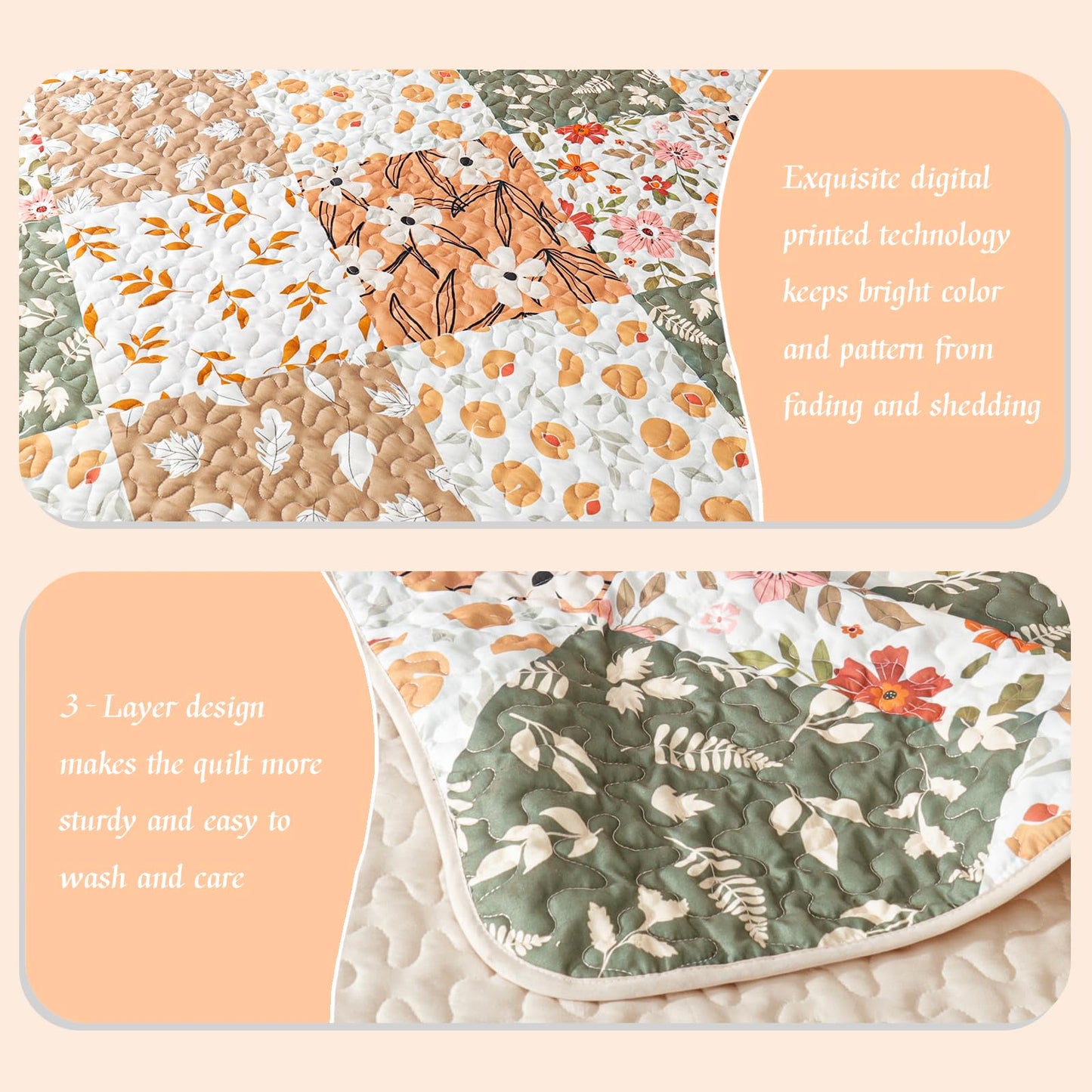 Whale Flotilla Patchwork Quilt King Size, Extra Soft Boho Floral Bedspreads for Bed Reversible Lightweight King Quilt Bedding Set Printed Coverlets with 2 Pillow Shams for All Seasons, Orange