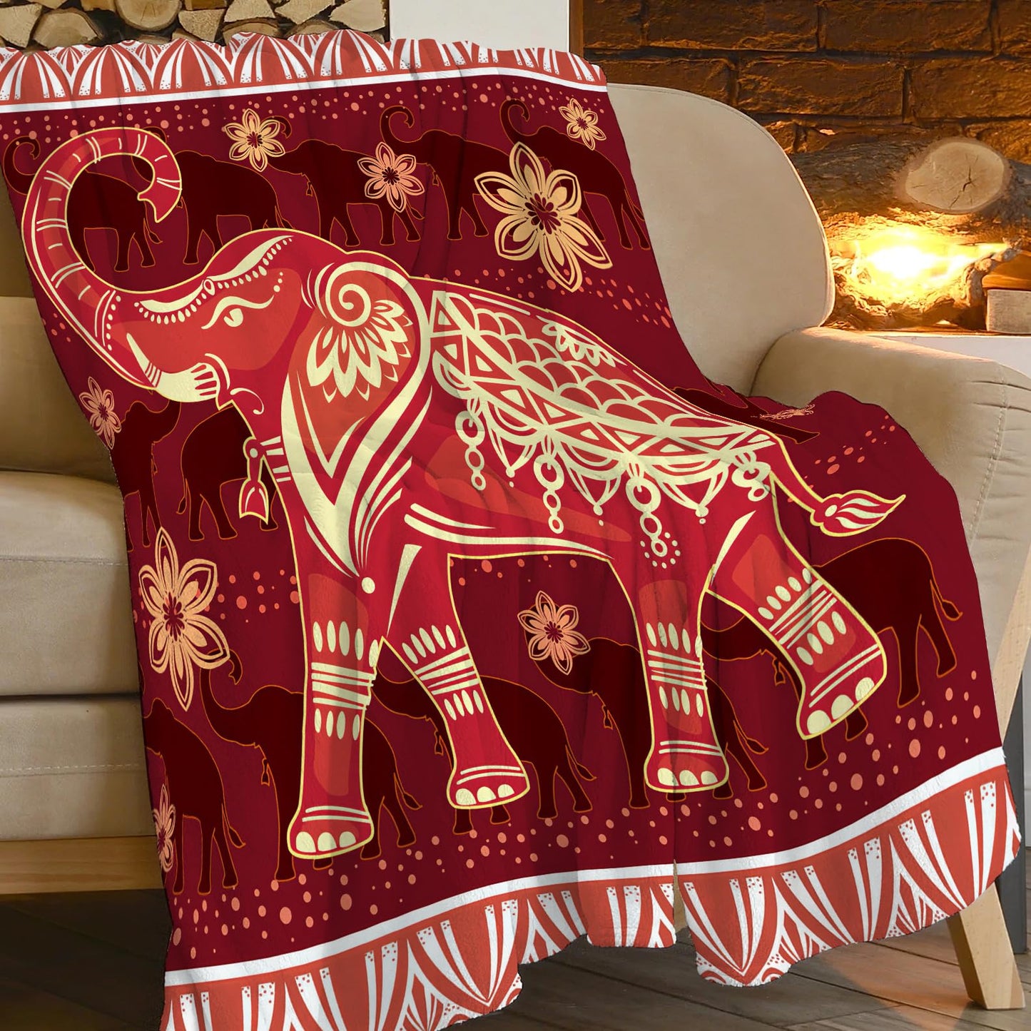 SweetFox Elephant Blanket Red Boho Elephant Decor Throw Blanket Gifts for Girls Boys Super Warm Soft Plush Lightweight Fleece Flannel Winter Couch Bedding Blankets for Kids Adults Women Men 50"X40"