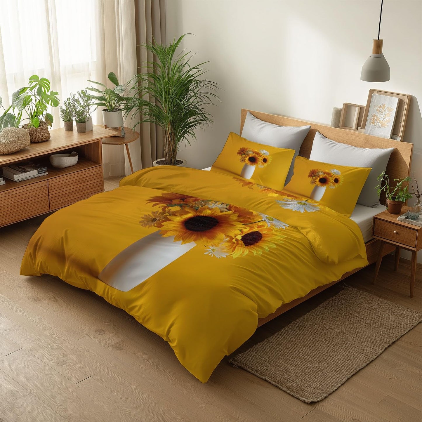 Super Soft Art Photography Duvet Cover Set Twin Size, Minimalist Yellow White Vase Sunflowers Bedding for Kids Boys Girls Teens - Breathable and Anti-Allergic Soft Comforter Cover 2 Pillow Shams