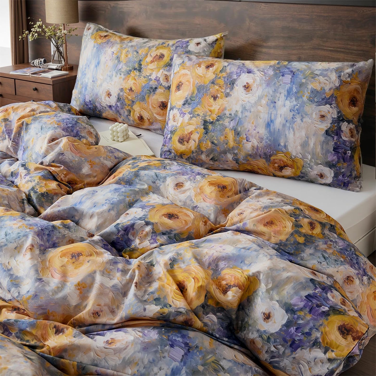 Cozaline 100% Cotton Duvet Cover King Size – Impressionist Natural Yellow & Blue Floral Duvet Cover Set with Zipper Closure, 3-Piece Soft Breathable Durable Percale Cotton Bedding Set for All Seasons