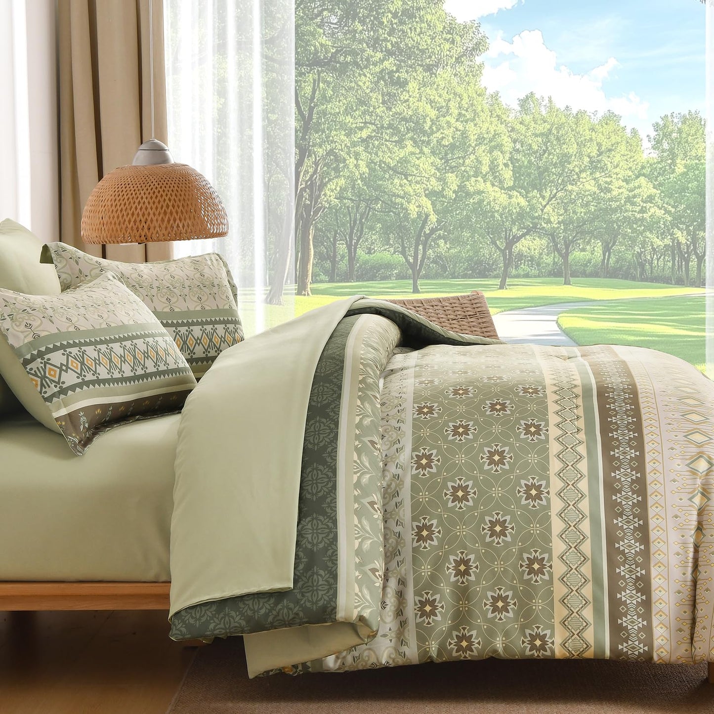 Comforter Set King Size Boho,7 Pieces Bohemian Bedding Comforter Set Striped Bed in a Bag,Grey Green Paisley Floral Comfortet and Sheet Set,Soft Green Gray Bedding Sets for Family