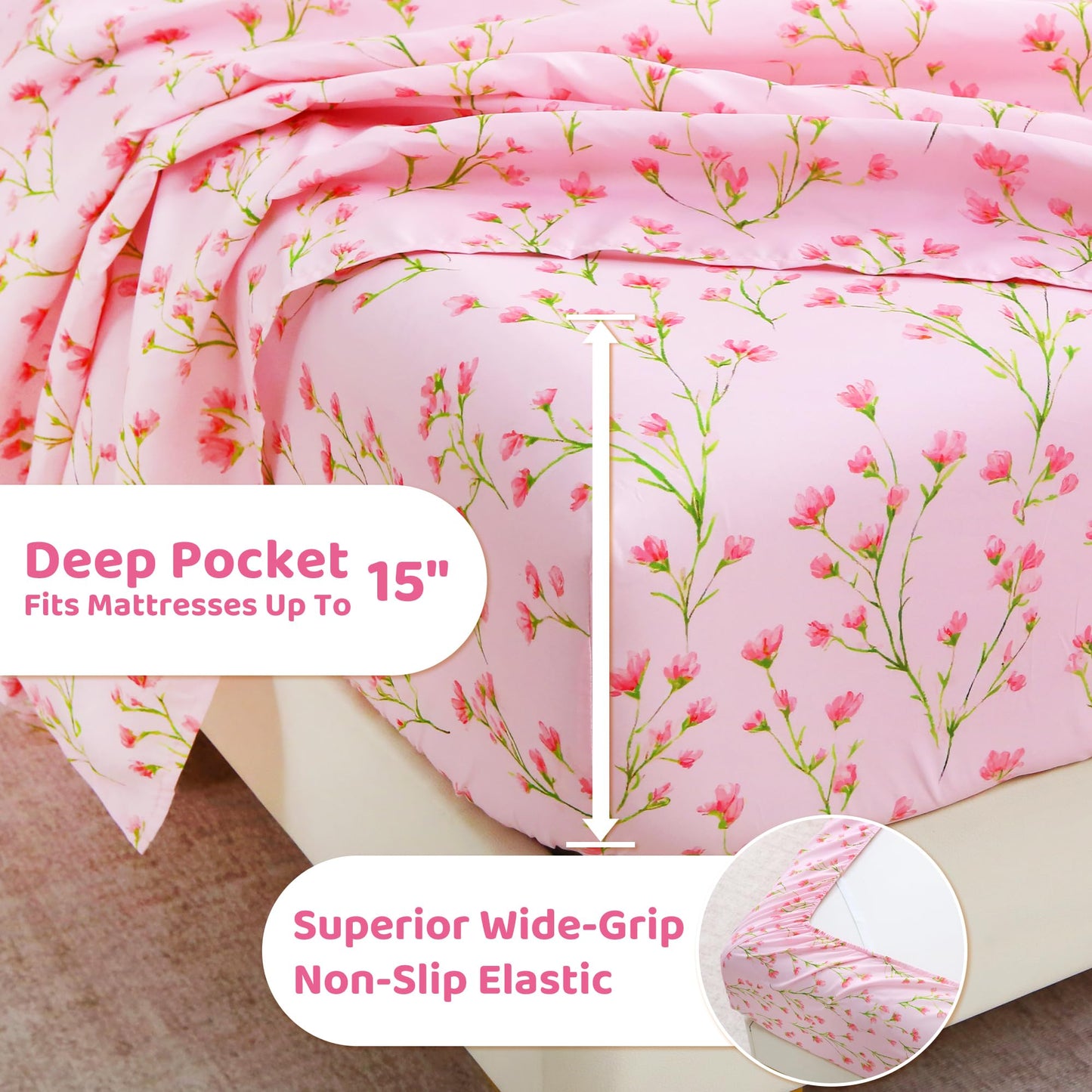 Mooreeke Cozy Floral Microfiber Printed Full Sheet Set - Soft & Breathable Pink Flowers Bed Sheets with Deep Pocket - Non-Slip Fitted Design - Pink Flowers with Green Branches Pattern - Full