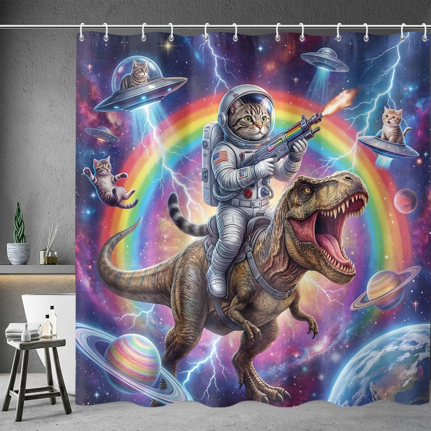 Lifeel Funny Cat Dinosaur Shower Curtain, Rainbow Laser Space Galaxy UFO Lightning Cool Meme Bath Curtain Set with Hooks Waterproof and Washable, 72 x 72 Inches