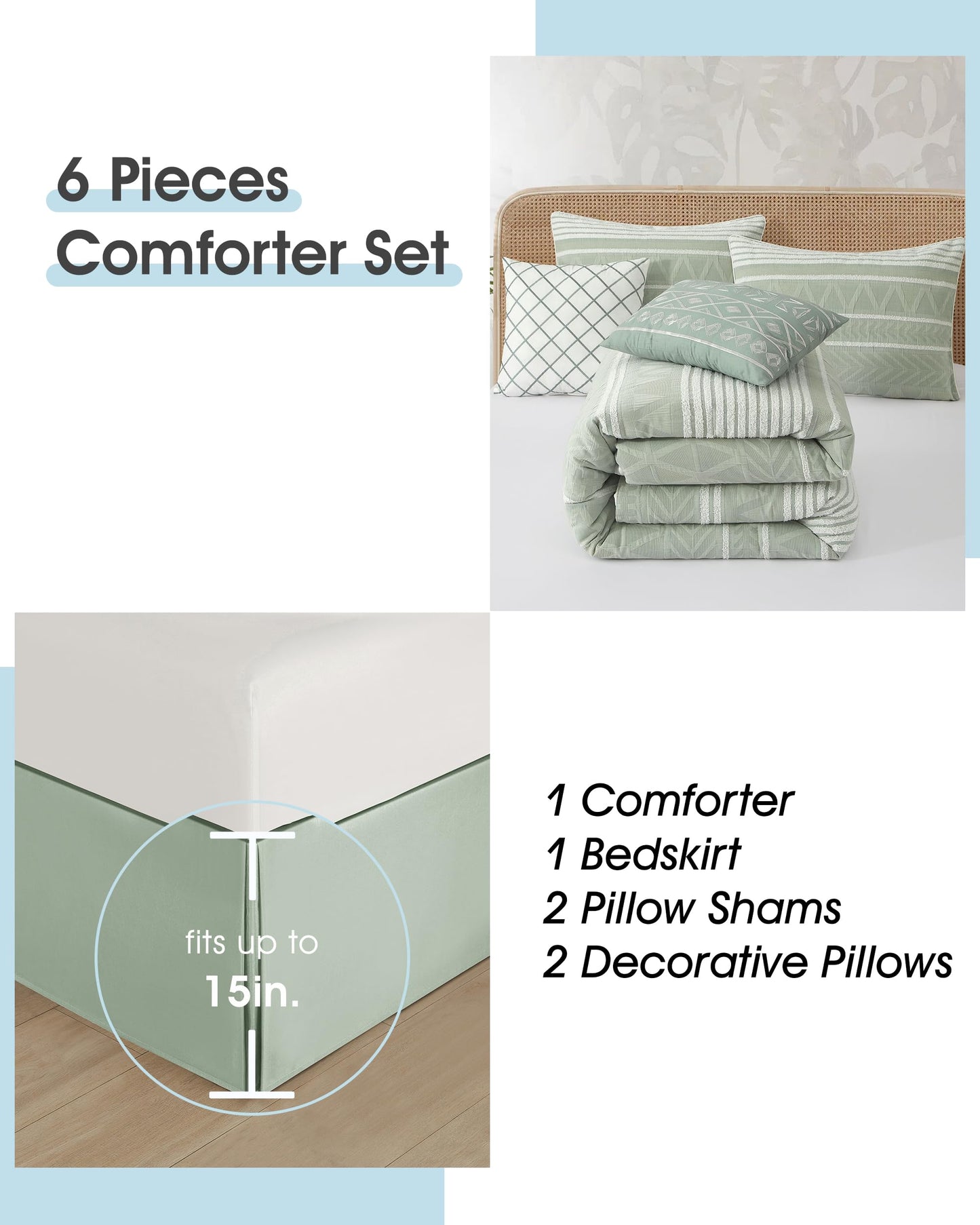 LANCO MODERN LIFESTYLE Cotton Comforter Set Queen, Gorgeous Geometric Jacquard, Sage Soft Lightweight Bedding Set for All Seasons, Bedskirt, Pillow Shams and Decor Pillows