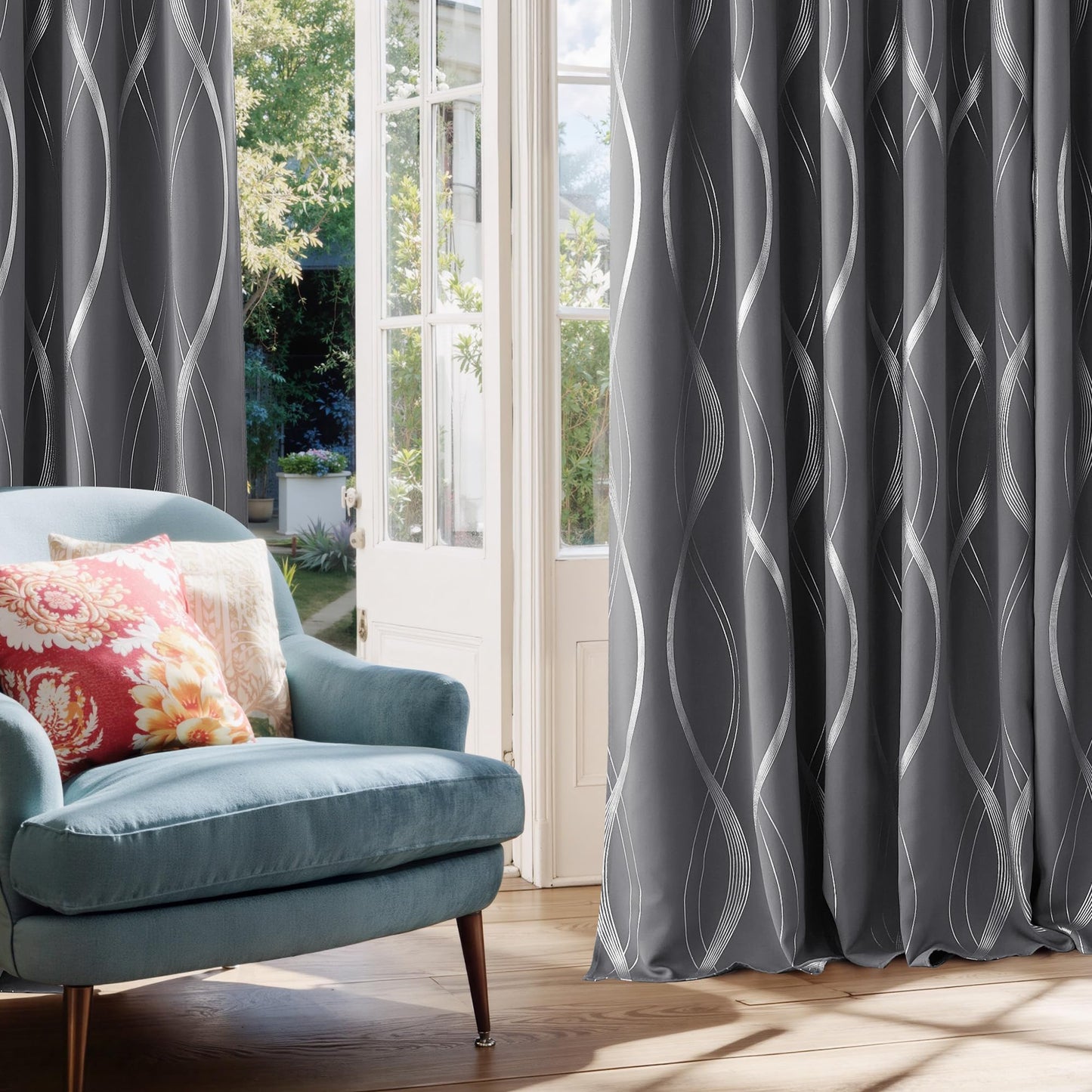 NICETOWN Grey Blackout Striped Pattern Curtains for Living Room 84 inch Long 2 Panels Set, Noise Reducing Thermal Insulated Wave Line Foil Print Bedroom Drapes for Patio Sliding Glass Door (52 x 84)