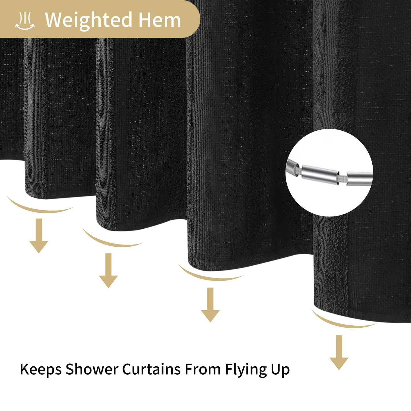 Lameirose Black Shower Curtain Boho, Cotton Blend Waffle Shower Curtains Textured, Fabric Shower Curtain for Bathroom, Hotel, Washable,72 x 72