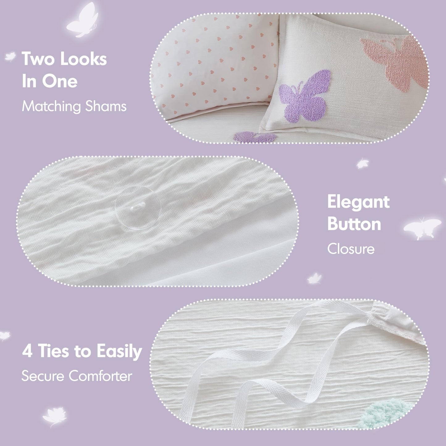 Intelligent Design Kids Rio Full/Queen Duvet Set – Girls’ Reversible Tufted Chenille Bedding with Pastel Purple Butterflies and Pink Dot, 3pcs