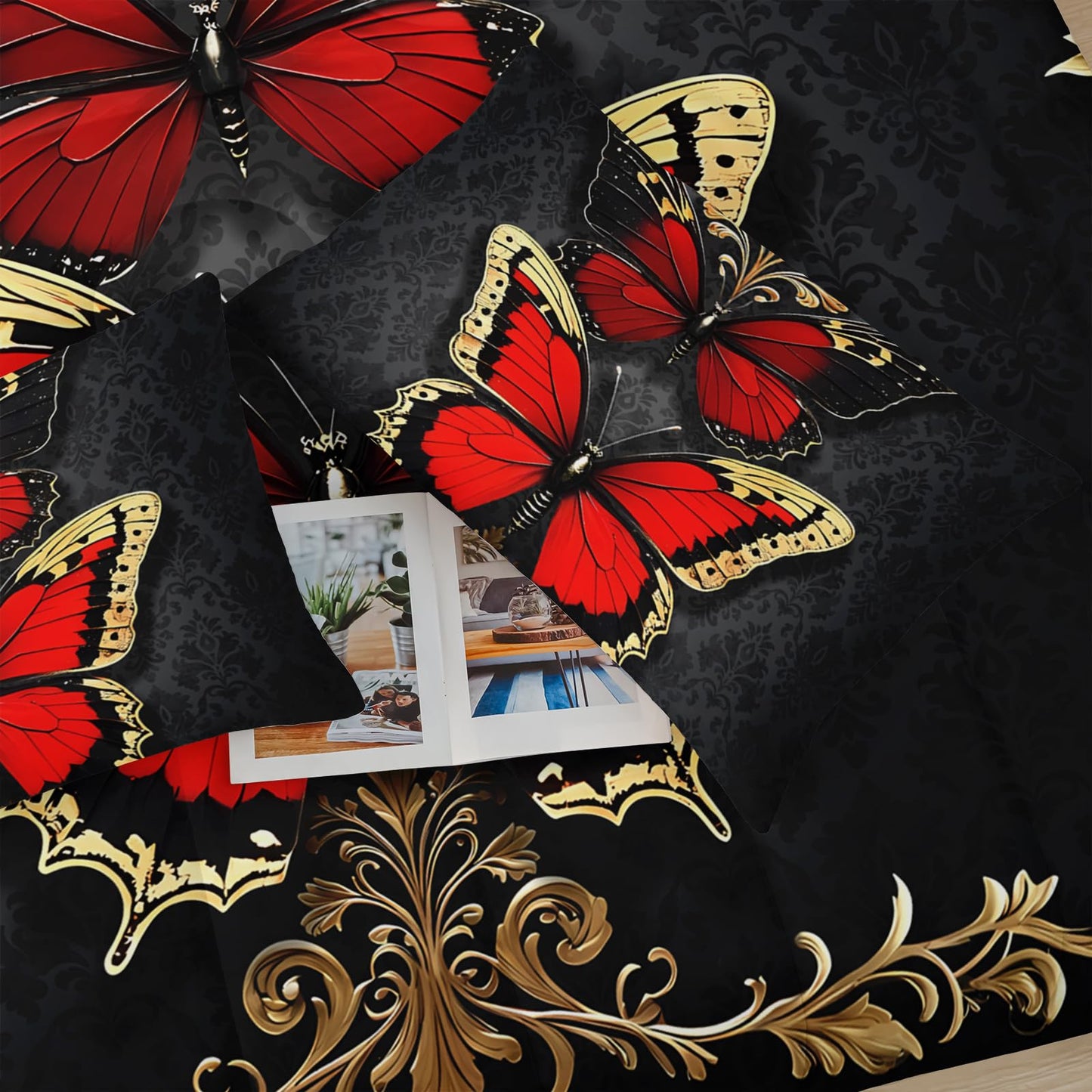 lneffble Red and Gold Butterfly Comforter Sets Full Size Bed Set，Gothic Full Size Bedding Set，with 1 Comforter with 2 Pillow Case，Butterfly Themed Bedroom Decor