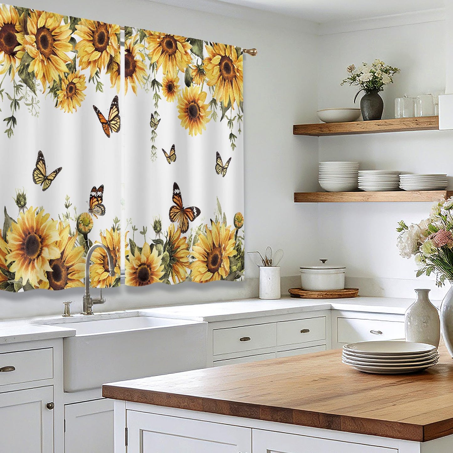 Cizuug Sunflower Yellow Floral Kitchen Curtain Rustic Country Flower Butterfly Farmhouse Over Sink Small Short Cafe Tier Bright Window Drapes Bathroom Home Decor 2 Panels
