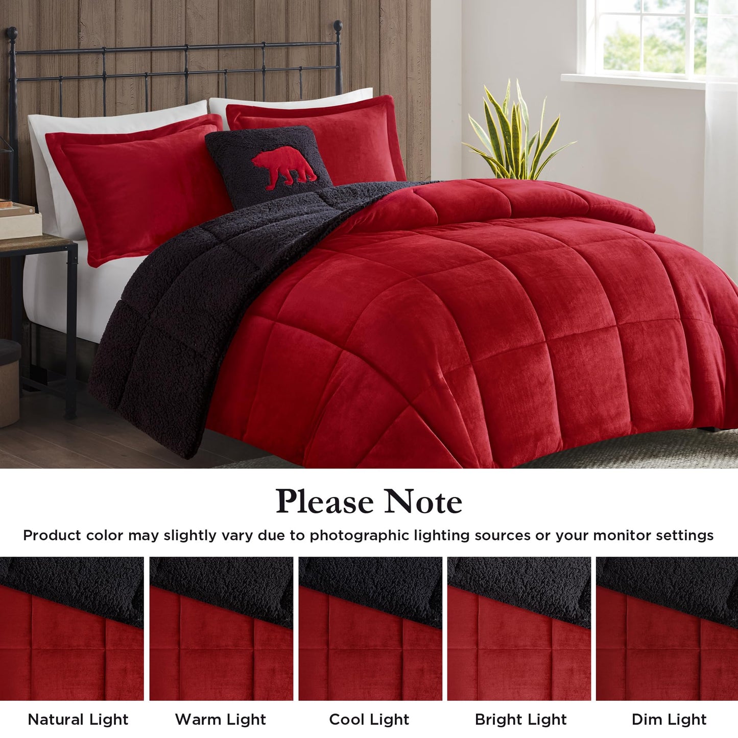 Woolrich Reversible Comforter Set Ultra Soft Plush to Sherpa, Down Alternative, Cold Weather Winter Warm Bedding, with Matching Sham, Decorative Pillow Red/Black Full/Queen 4 Piece