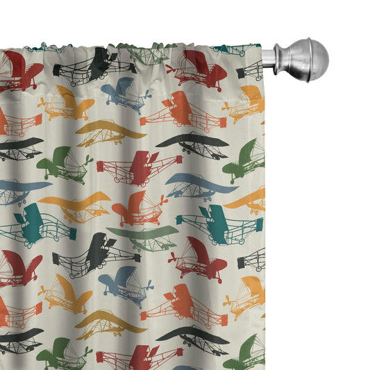 Lunarable Vintage Airplane Window Curtains, Colorful Aircraft Concept Silhouettes on Beige Background Aviation Theme, Lightweight Decor 2-Panel Set with Rod Pocket, Pair of - 28" x 63", Yellow Red