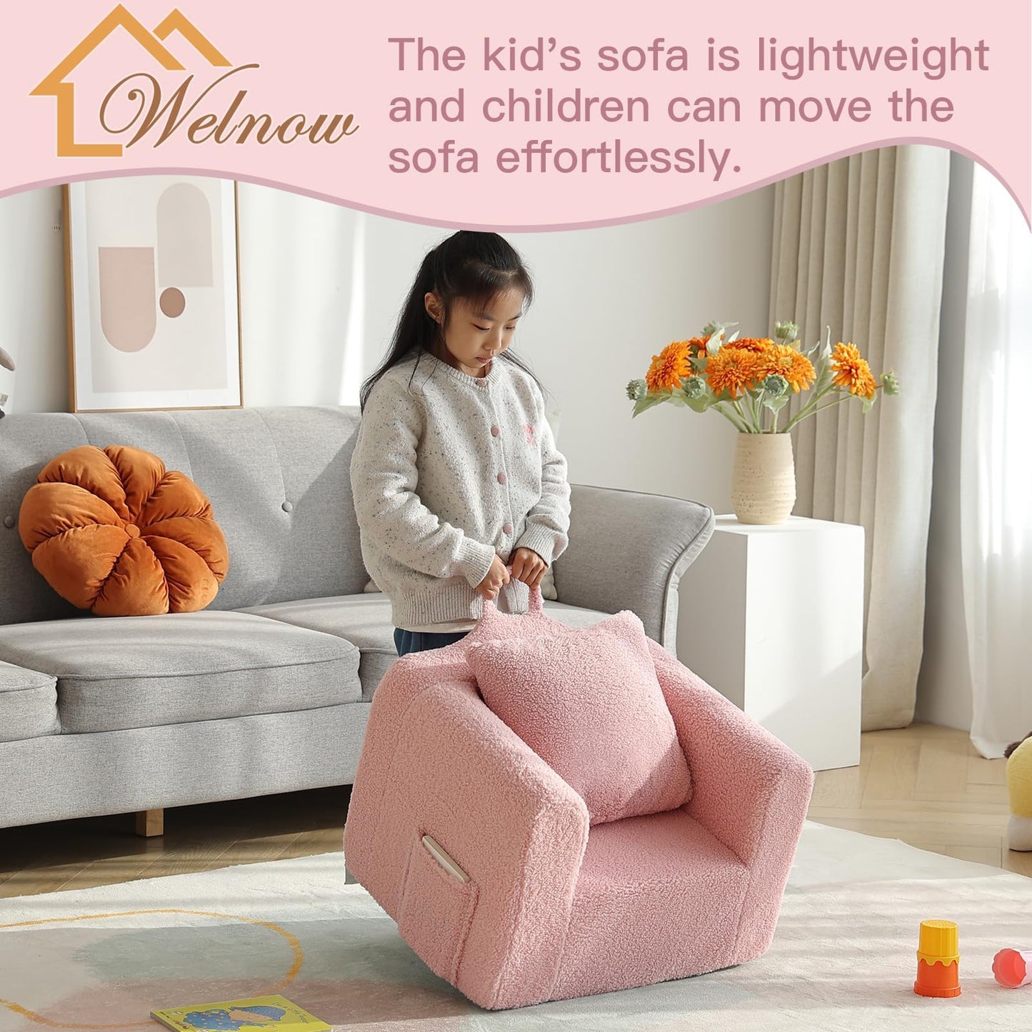 Welnow Kids Sofa with Pillow, Cozy Toddler Chair Soft Foam Seat for Reading, Children's Couch with Armrest Lightweight Comfy Kids Furniture for Bedroom, Playroom for Boys and Girls, Sherpa Pink