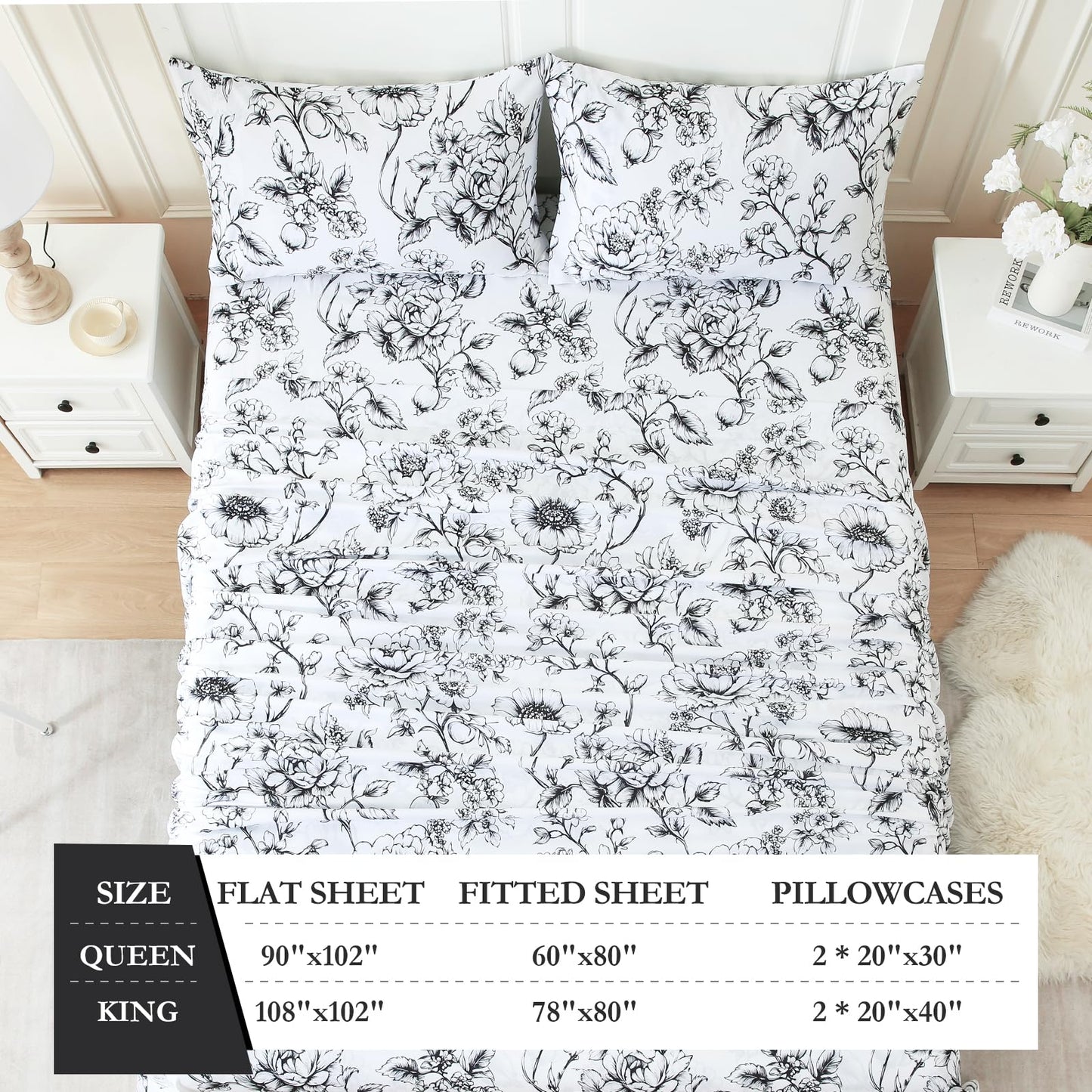 MICORAL Queen Sheet Set Boho Floral Sheets, 4-Piece Printed Botanical Bed Sheets, 16" Deep Pocket, Ultra Soft & Cooling Sheet, Oeko-TEX Certified, Black White Flower