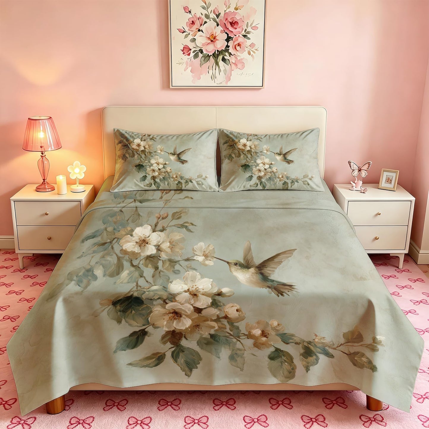 Bird and Flower Bedding Set 4 Pcs Hummingbird Queen Sheets