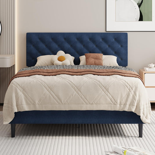 BarnFurin Queen Size Bed Frame with Headboard, Linen Upholstered Platform Bed with Button Tufted Design, No Box Spring Required, Easy Assembly, Navy Blue