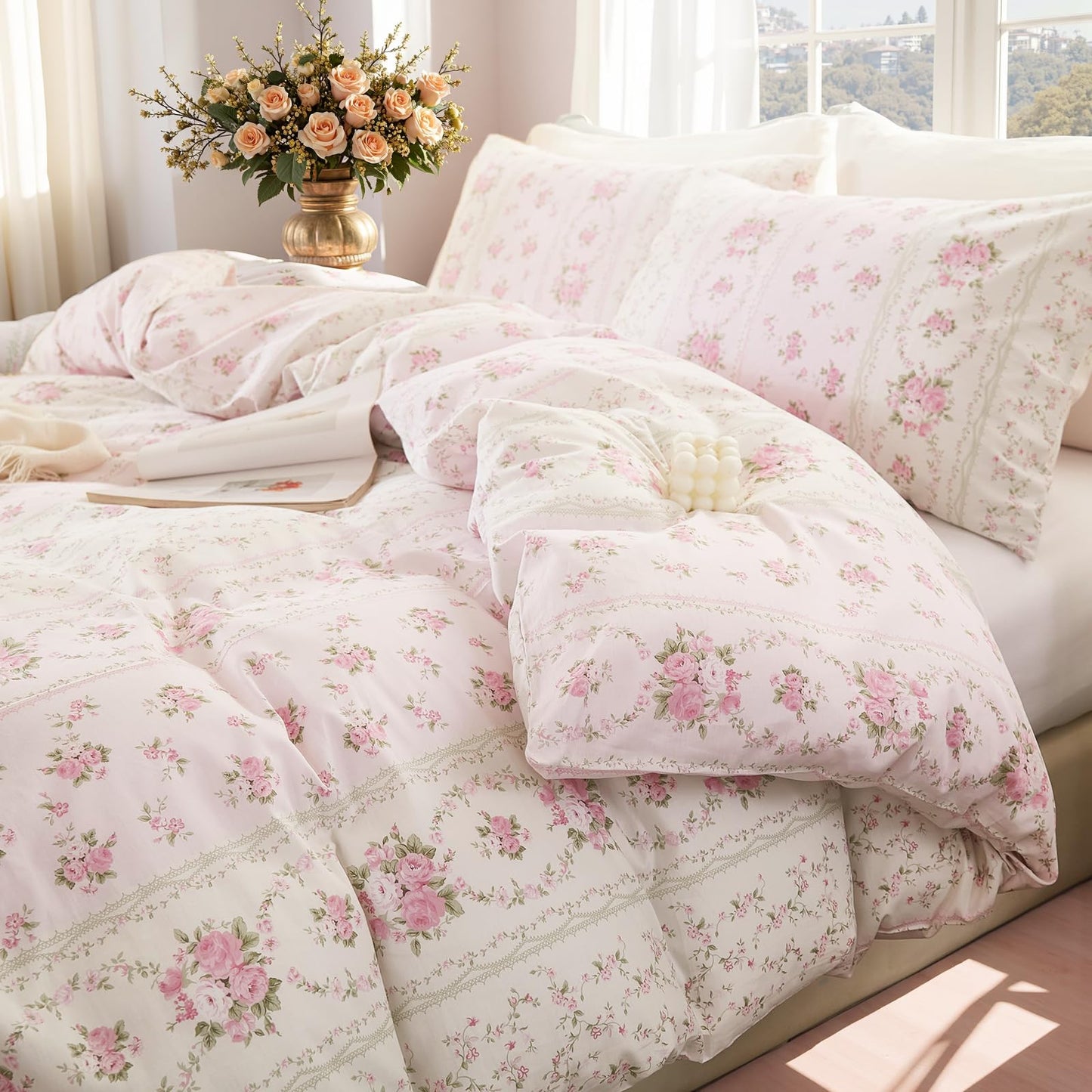 Cozaline Duvet Cover Queen Size - 100% Cotton Reversible Floral Duvet Cover Set with Zipper Closure, 3 Pieces Soft & Breathable Pink Aesthetic Bedding Set