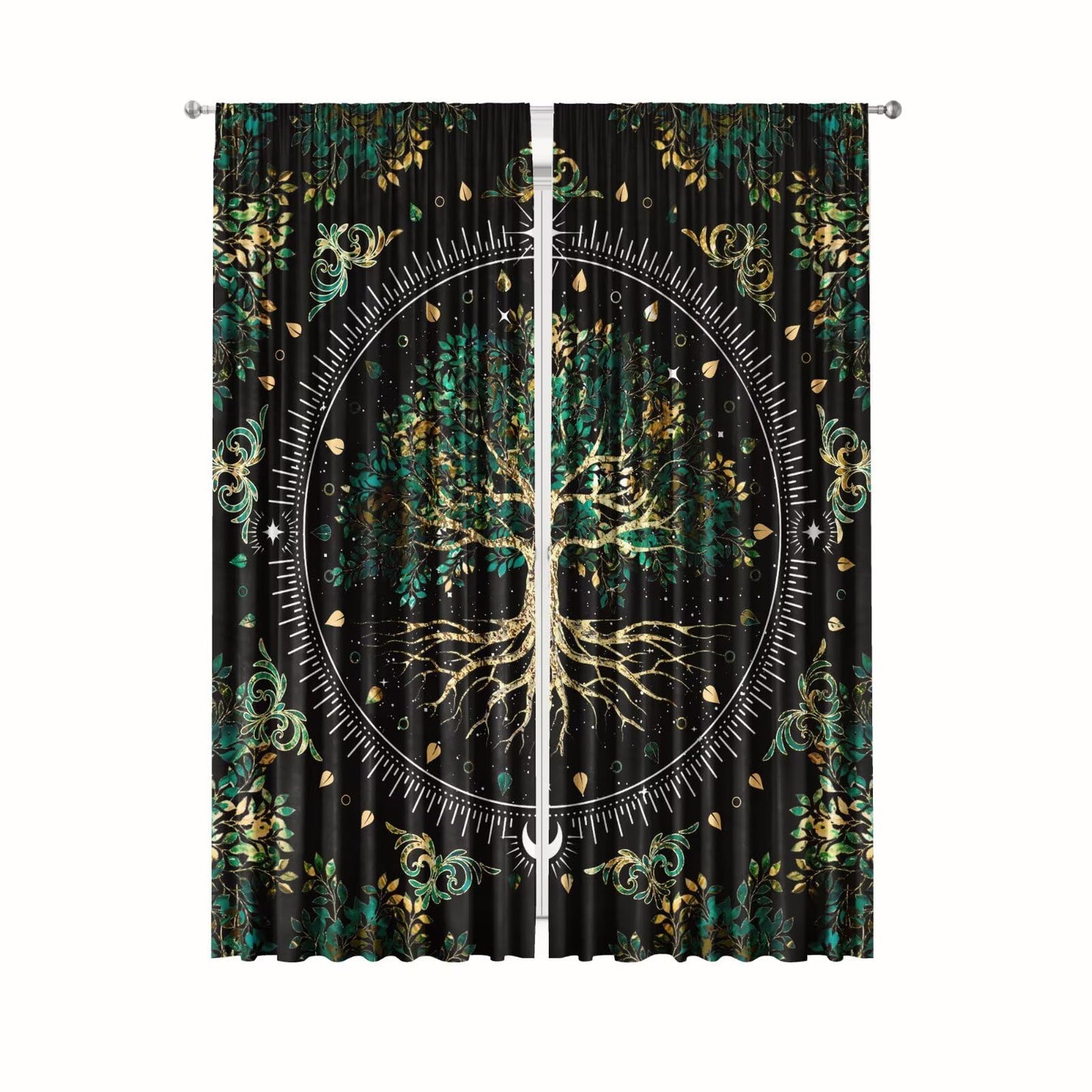 Life Tree Blackout Curtains for Bedroom, Mystic Green Gold Leaves Abstract Floral Pattern Aesthetic Decor Print Windows Treatments, Rod Pocket Drapes for Teen Room, 42 x 45 inch 2 Panels