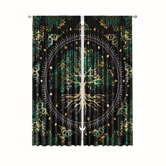 Life Tree Blackout Curtains for Bedroom, Mystic Green Gold Leaves Abstract Floral Pattern Aesthetic Decor Print Windows Treatments, Rod Pocket Drapes for Teen Room, 42 x 45 inch 2 Panels