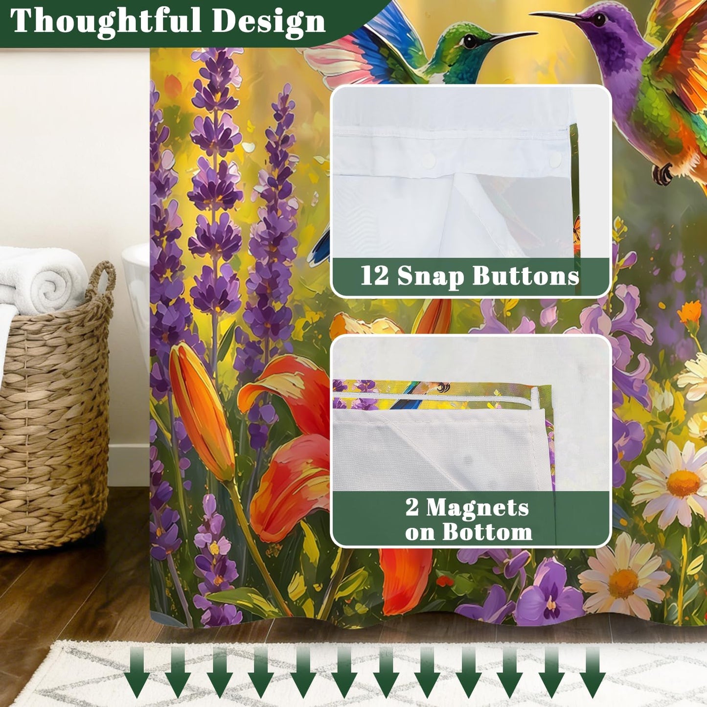 Xiazhilaio Hummingbird & Floral Shower Curtain Snap in Liner, 71x74 Inch