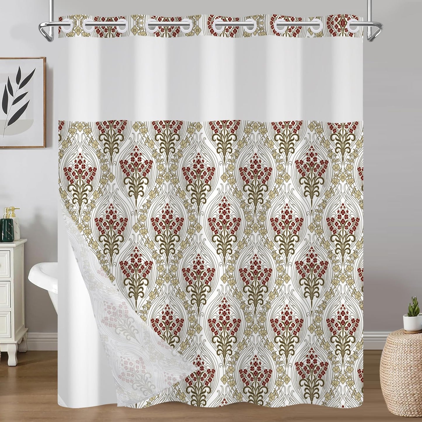 No Hook Vintage Boho Floral Shower Curtain with Liner, Modern Aesthetic Waterproof Machine Washable Fabric Shower Curtain, Red Flower Botanical Bathroom Curtains with Top Sheer Window, 71x74 Inch